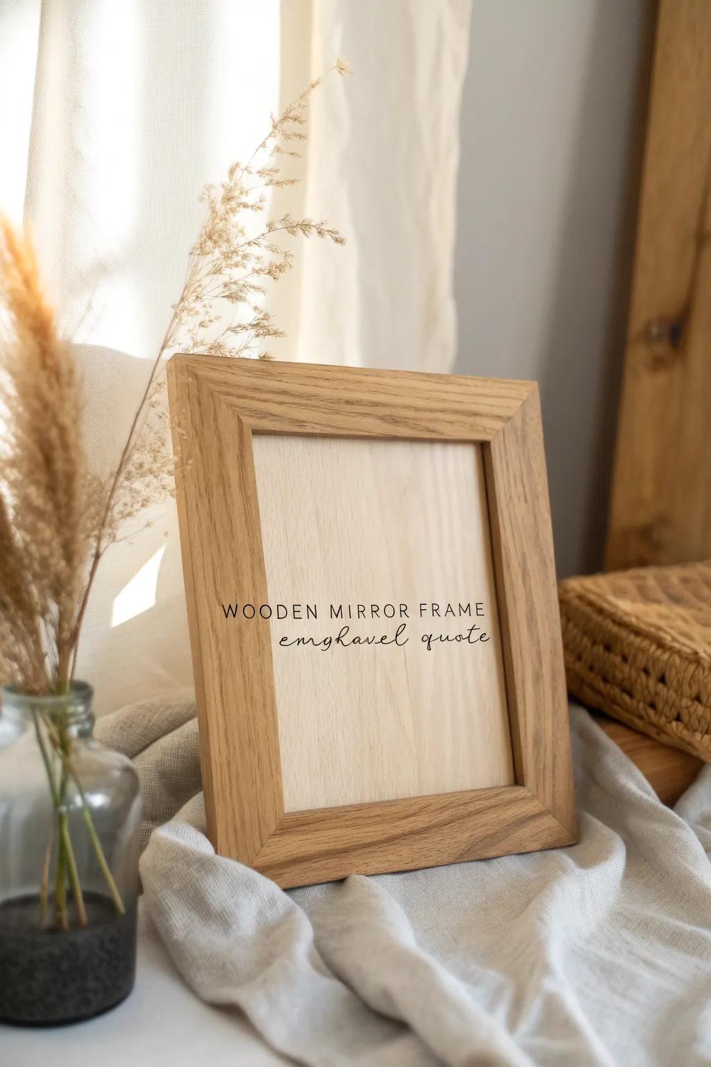 Add a personal touch to your decor with a beautifully engraved wooden mirror frame, blending minimalist elegance with bohemian charm.