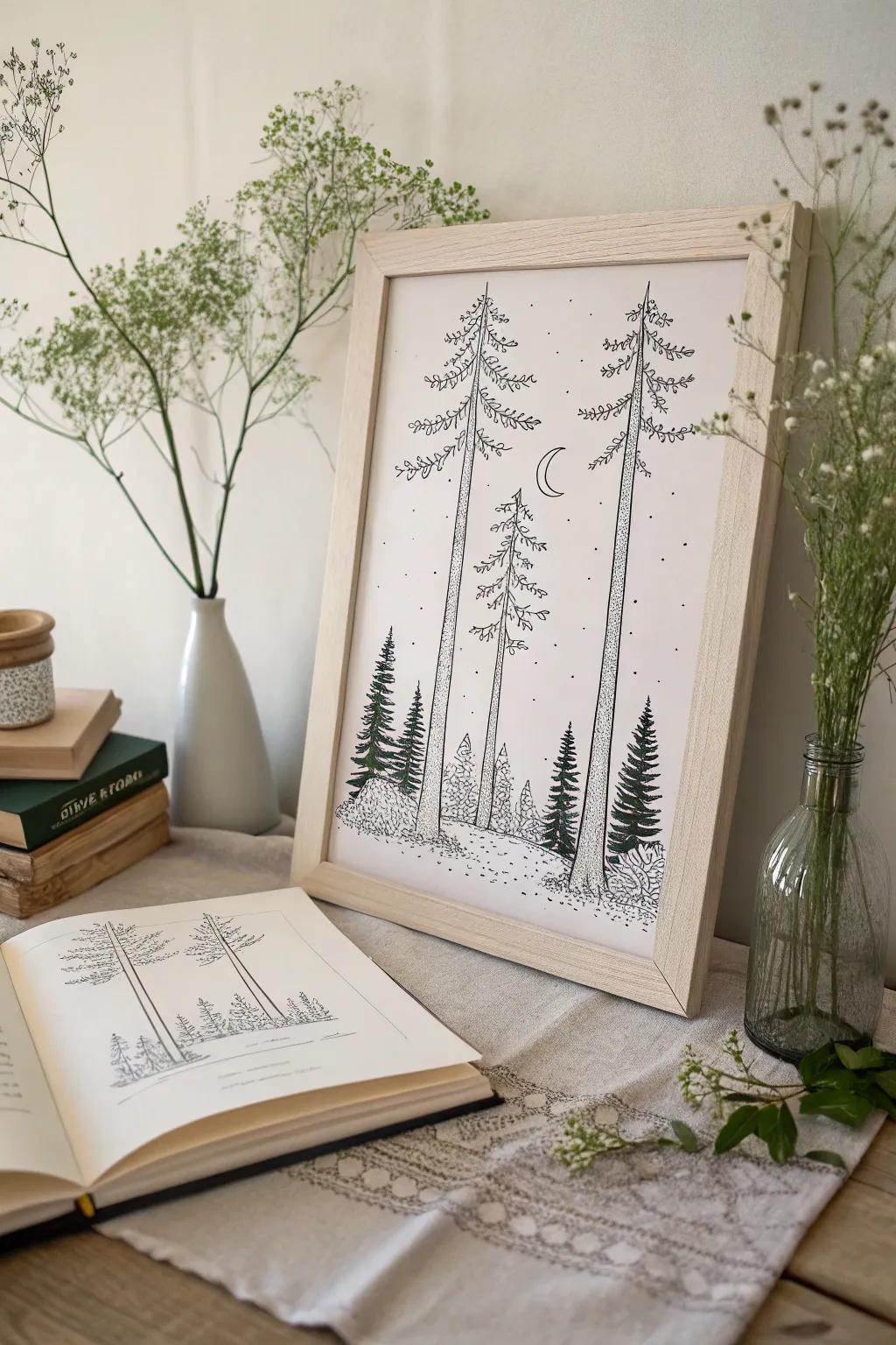 Bring the serene beauty of an enchanted forest into your home with minimalist line art. Perfect for creating a calming reading nook vibe.