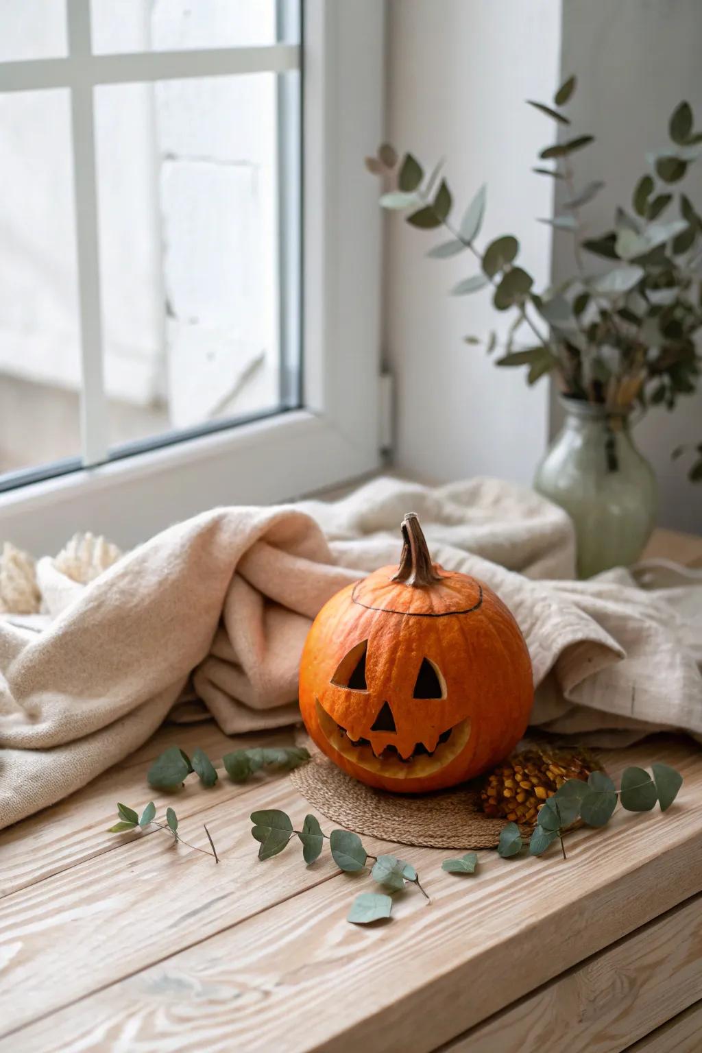 Playful Proportions: Add a whimsical twist to your autumn decor with oversized faces on petite pumpkins!