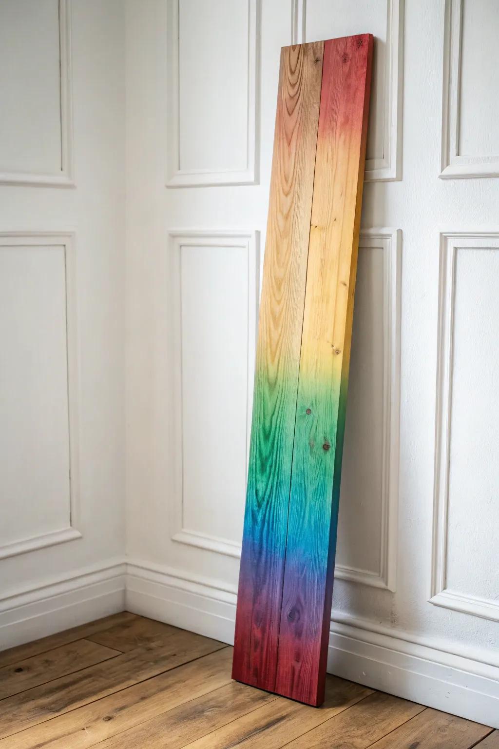 Transform your space with a splash of rainbow ombre on wood. 🌈✨ #CraftedBeauty #MinimalistArt
