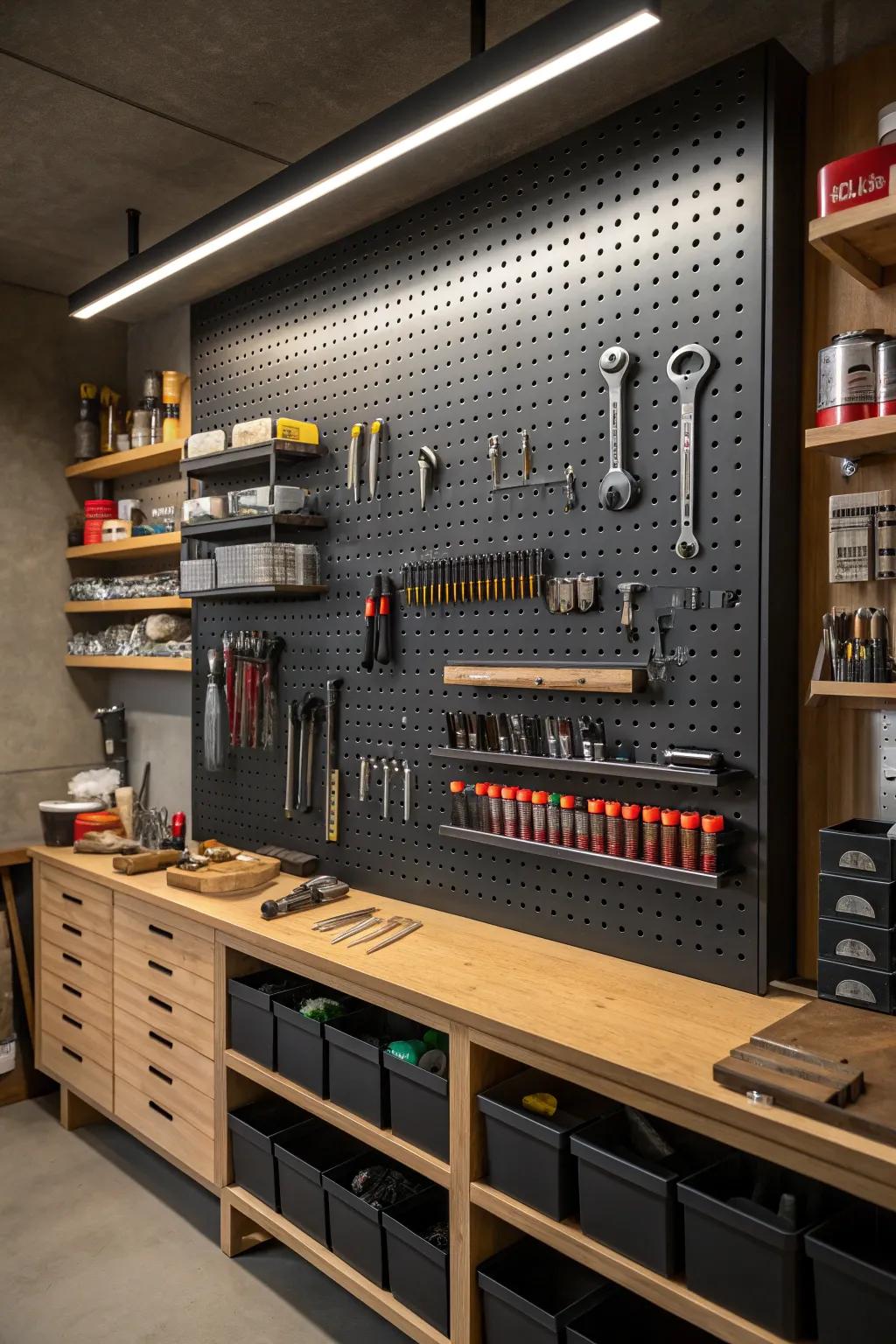 Maximize your workspace with a stylish and functional pegboard setup. Perfectly organized for the modern craftsman.
