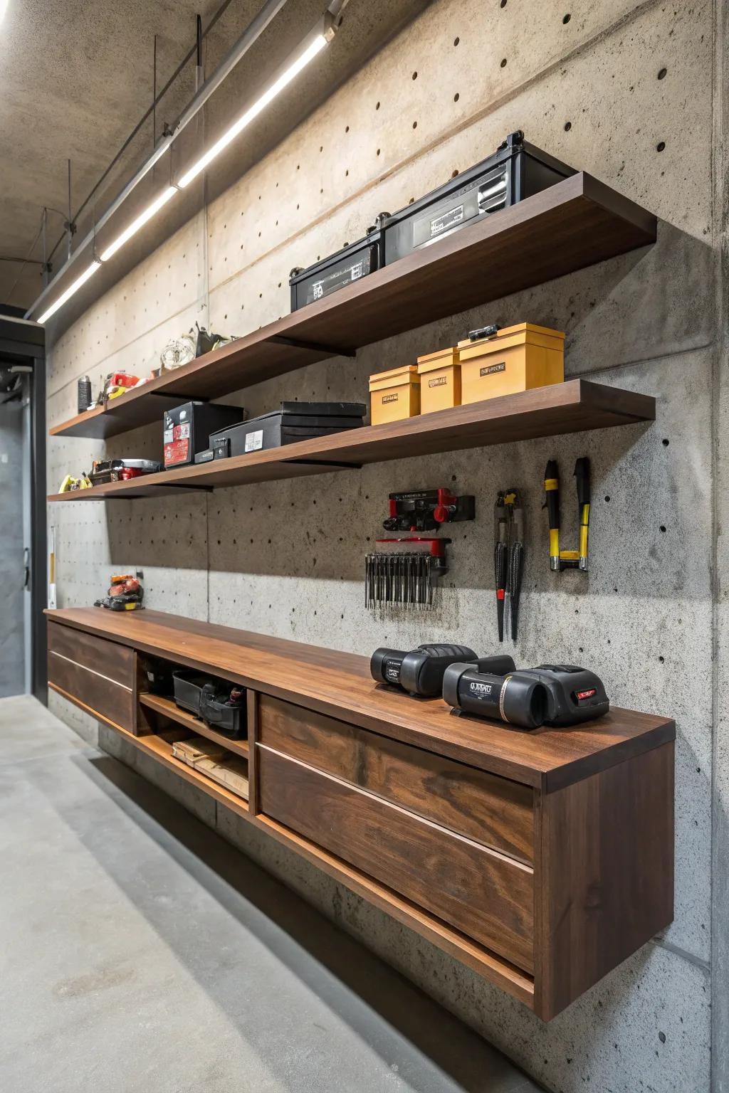 Elevate your garage storage with sleek floating shelves that blend style and functionality.