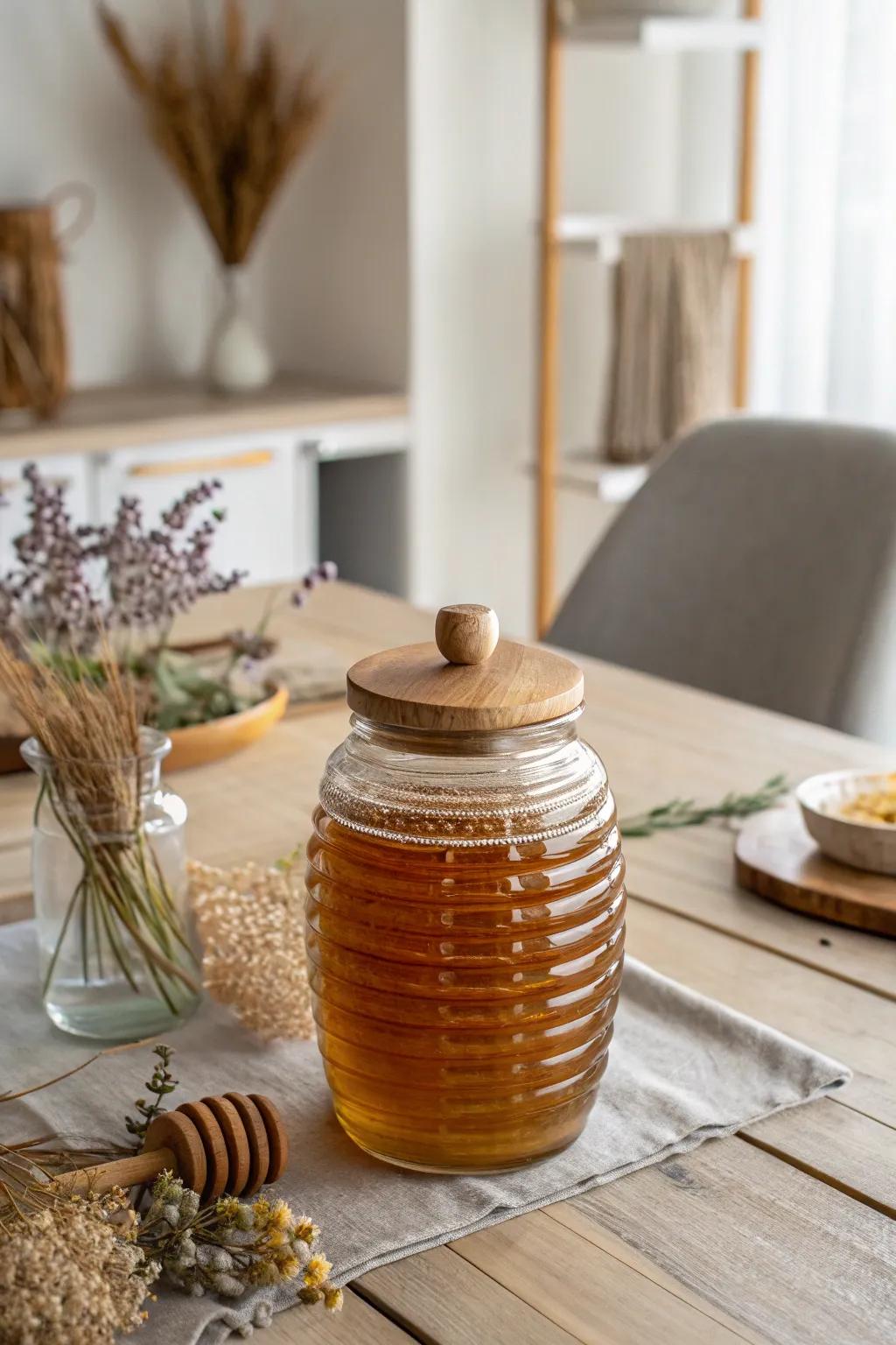 Sweet Simplicity: Elevate your table with a stunning honey jar centerpiece.