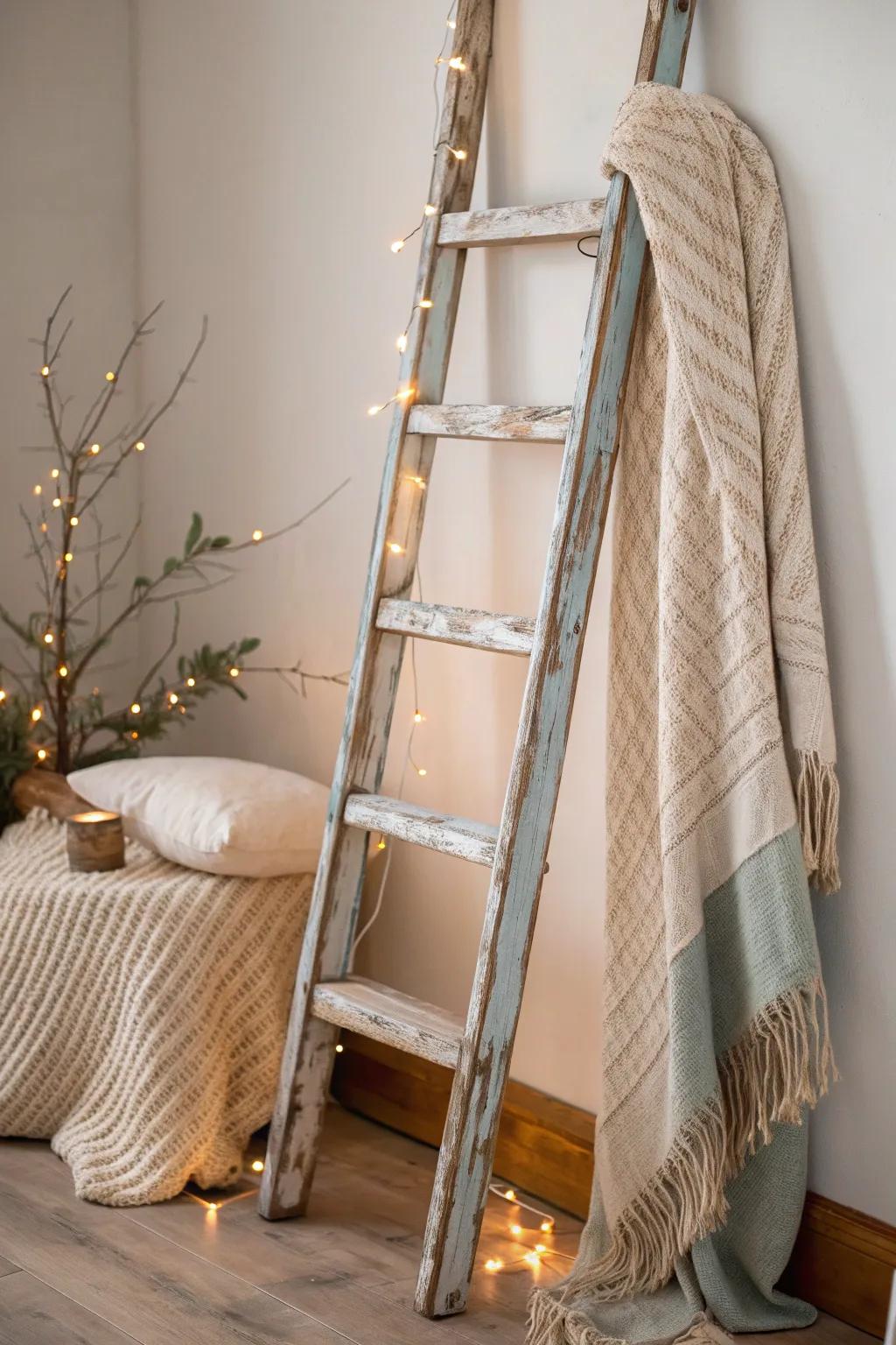 Transform vintage doors into a charming decorative ladder, blending minimalist elegance with boho warmth.
