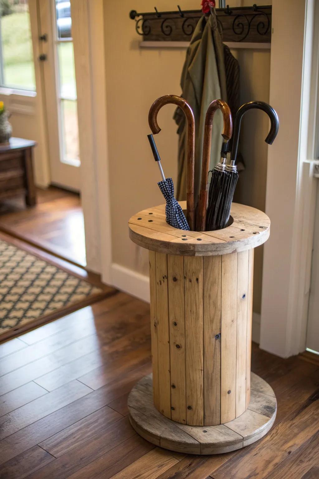 Elevate your entryway with a handcrafted wooden spool umbrella stand.