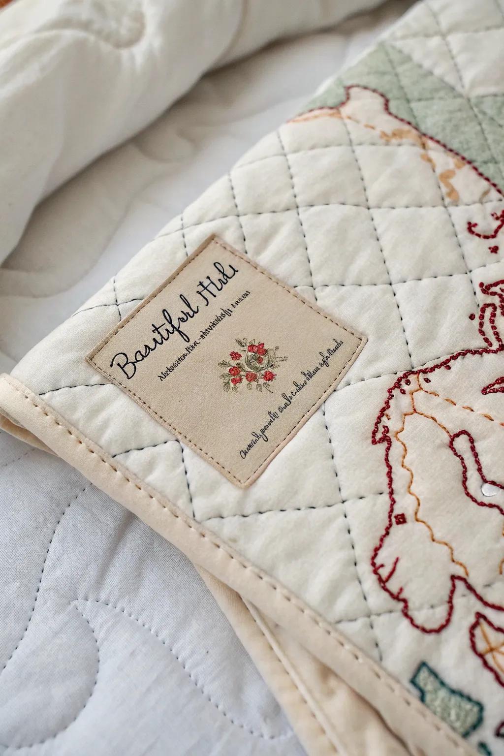 Trace your journey with a beautifully crafted memory map quilt label.