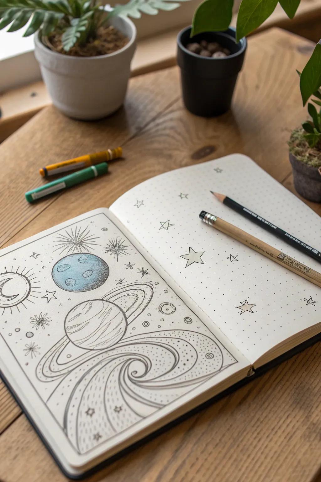 Let your creativity soar to the stars—sketch scenes from your dream space movie!