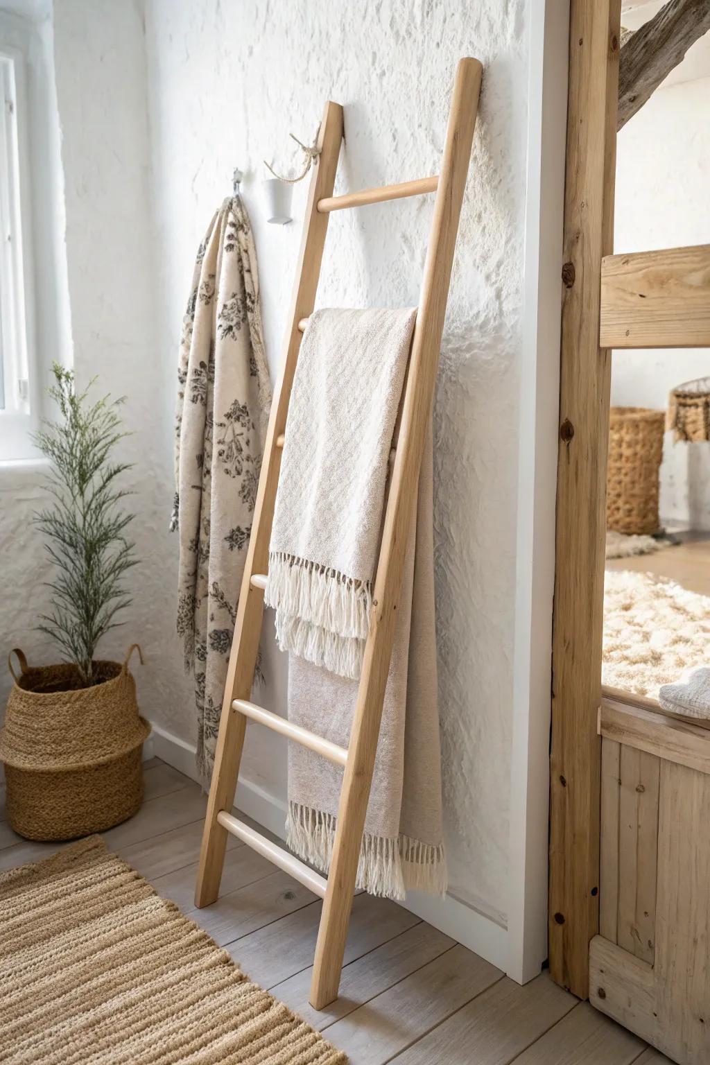 Elevate your closet's charm with a minimalist storage ladder—where function meets style.