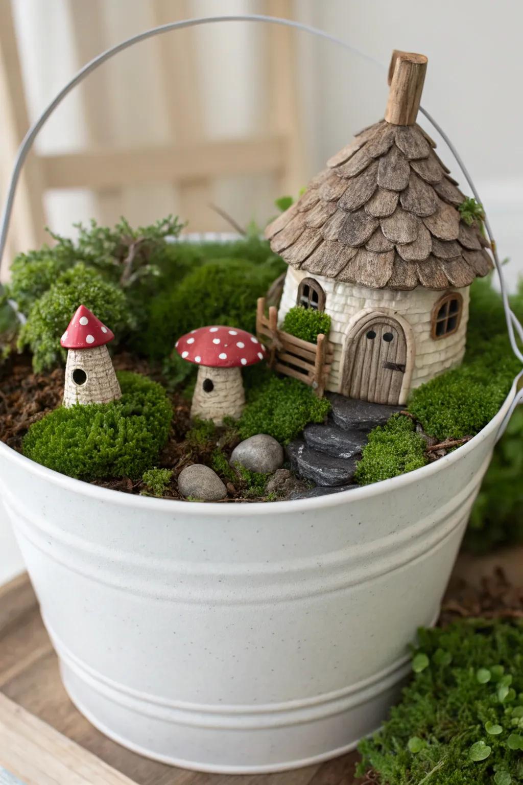 Enchant your space with a tiny world of wonder: a fairy garden crafted in a minimalist paint bucket.