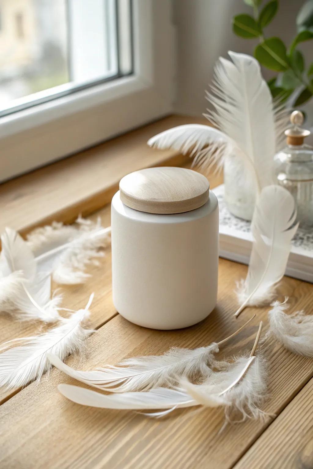 Discover the ethereal beauty of a feather-adorned prayer jar, where simplicity meets magic.
