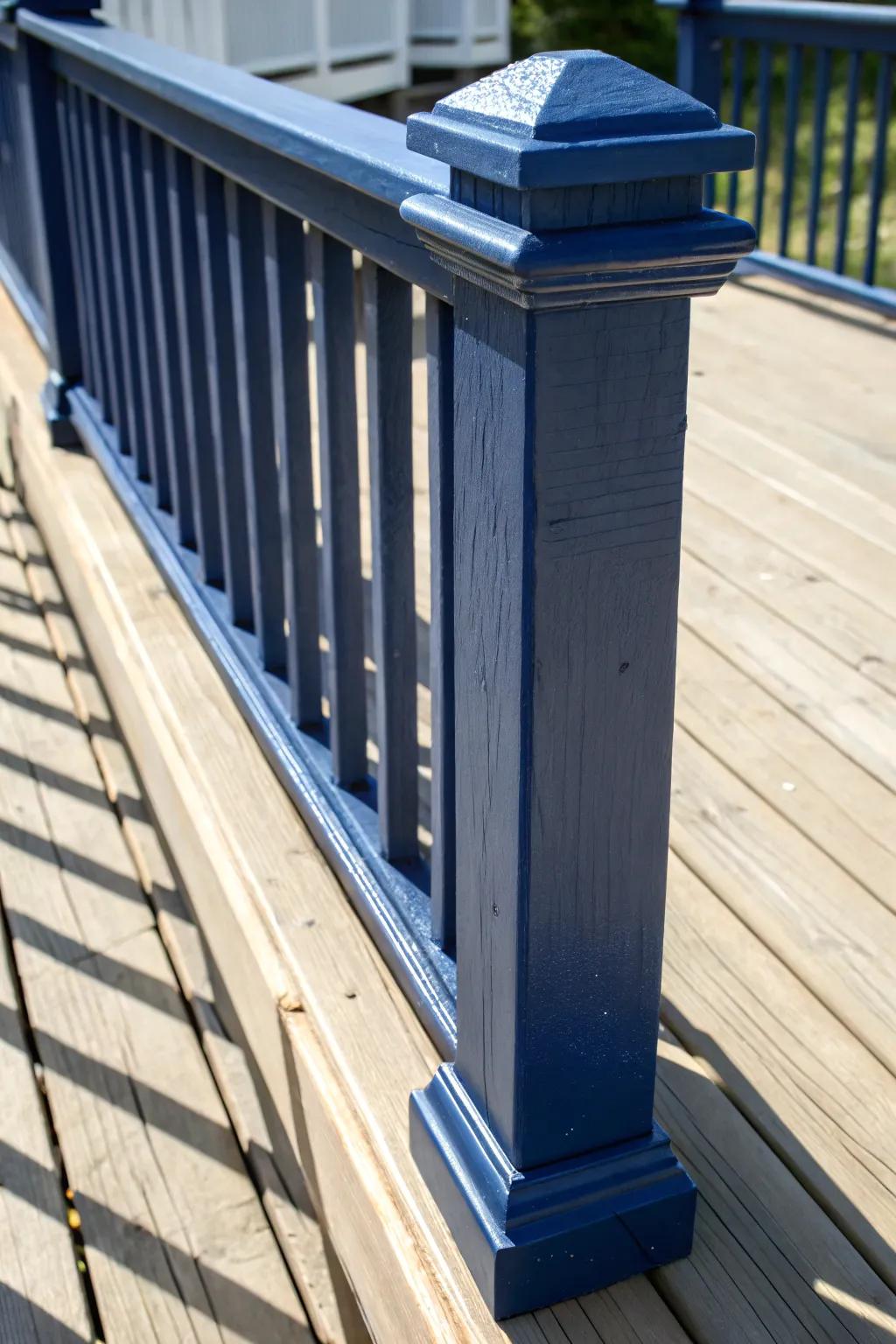 Elevate your deck with a touch of color: Bold navy blue railings for a stunning contrast.