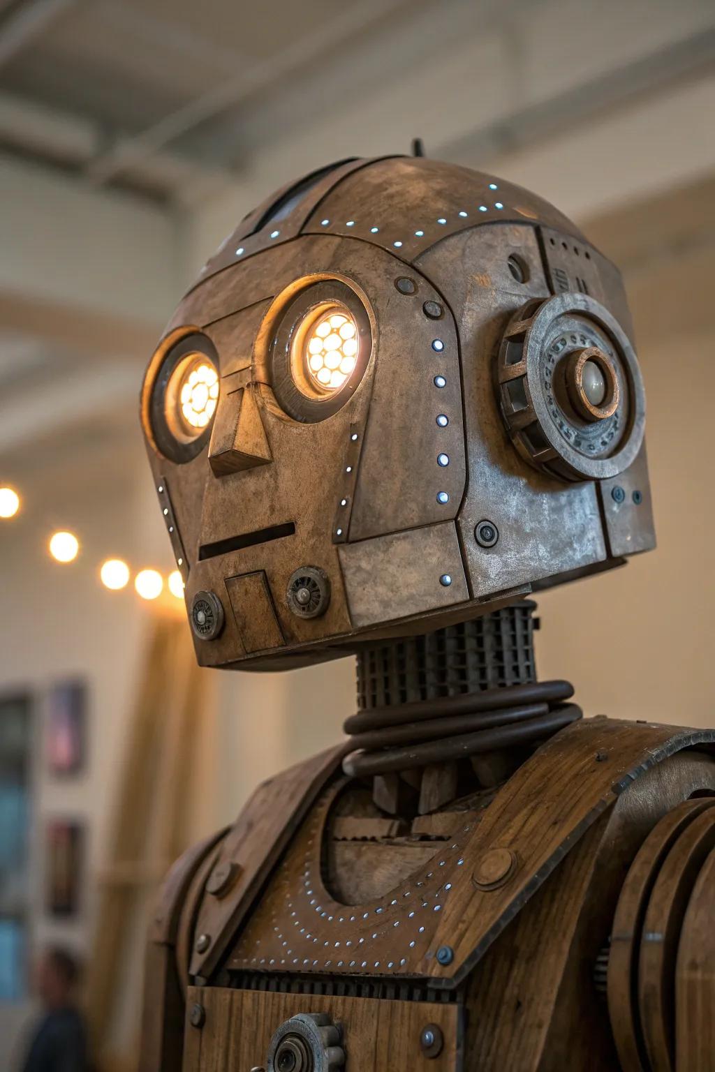 Illuminate your creativity with these mesmerizing LED light-up eyes on a recycled robot masterpiece.