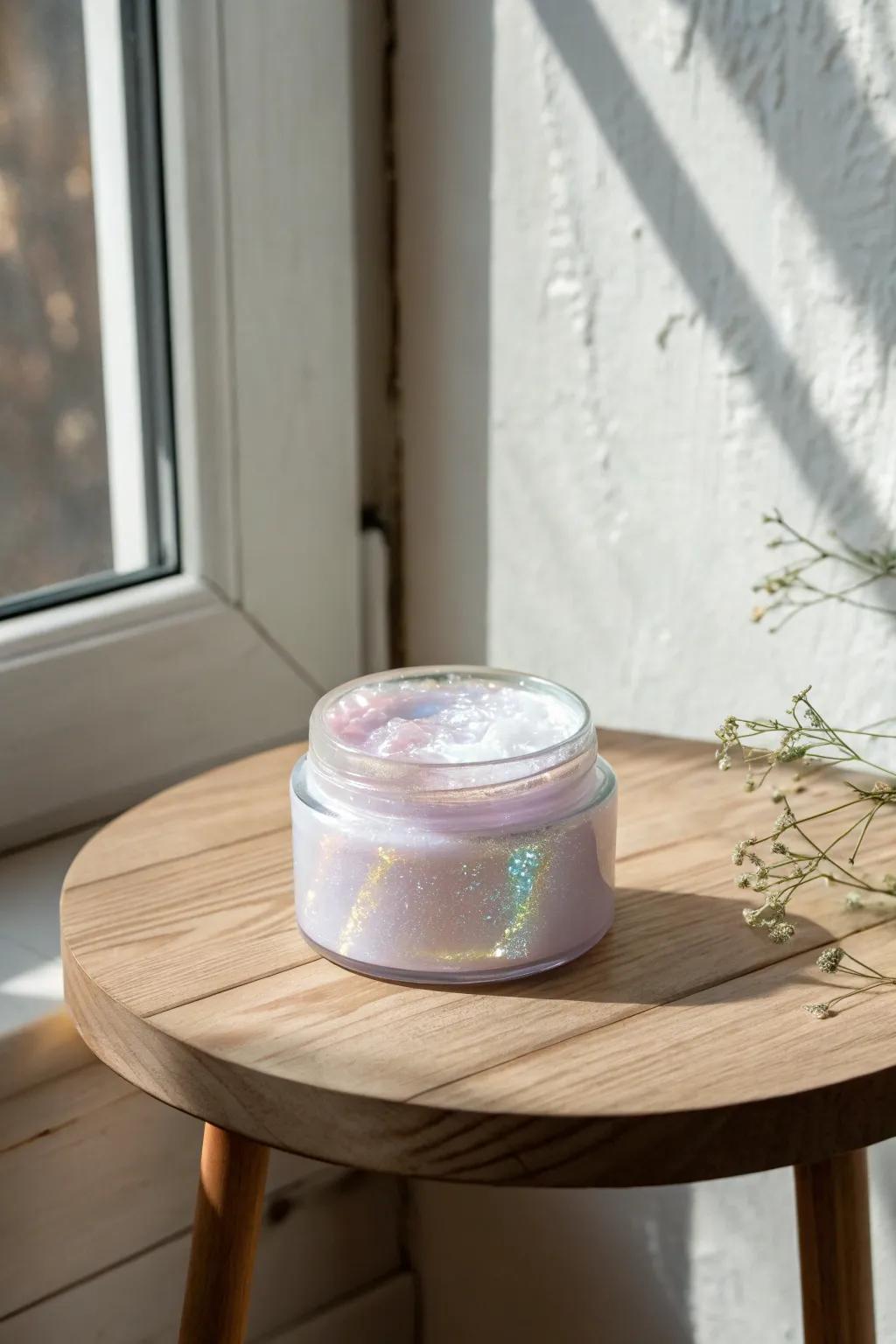 Discover the elegance of pearlescent slime with a touch of iridescent magic.