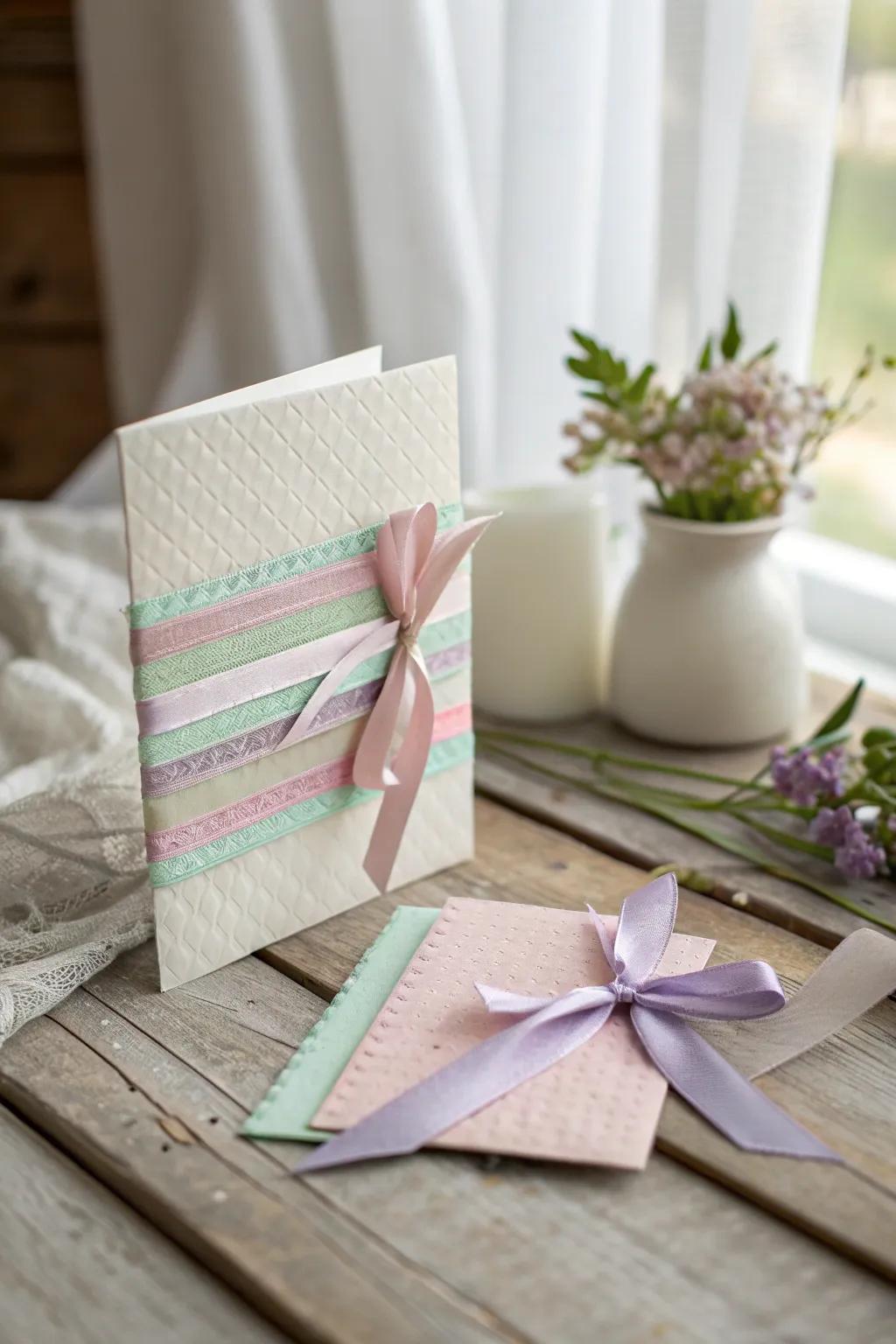 Elevate your spring greetings with the charm of fabric and ribbon accents. #SpringCrafts #ScandiBoho