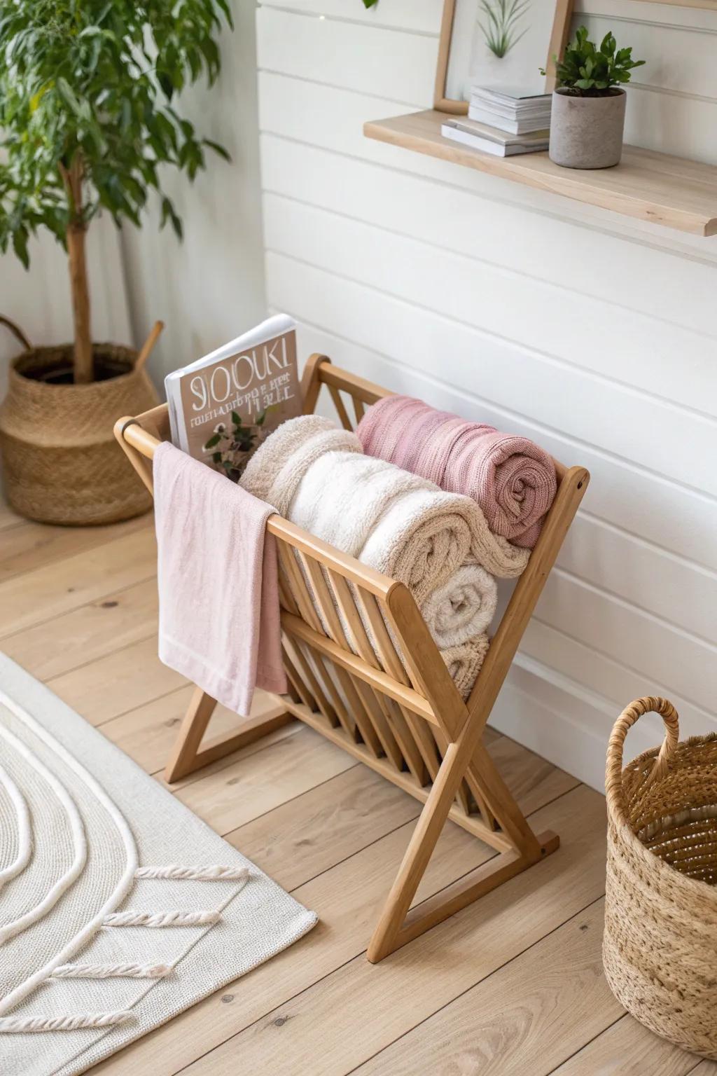Transform your cozy corner with rolled blankets in a chic magazine holder—perfect for an effortless movie night!