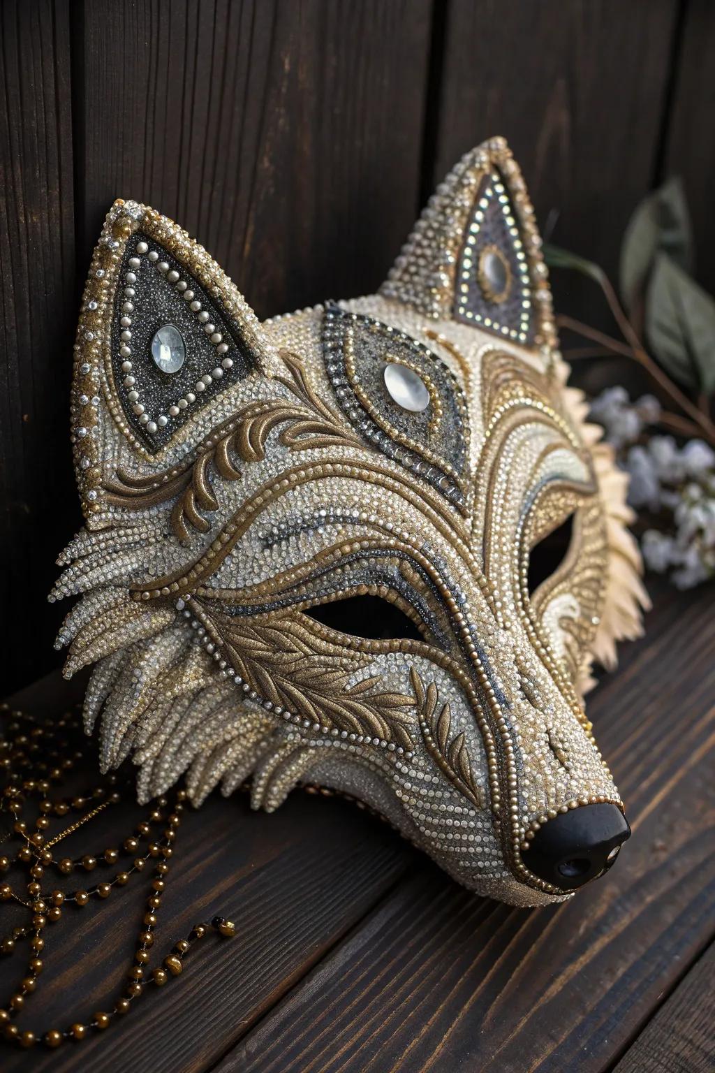 Elevate your craft with this stunning beaded wolf mask—where artistry meets luxury.