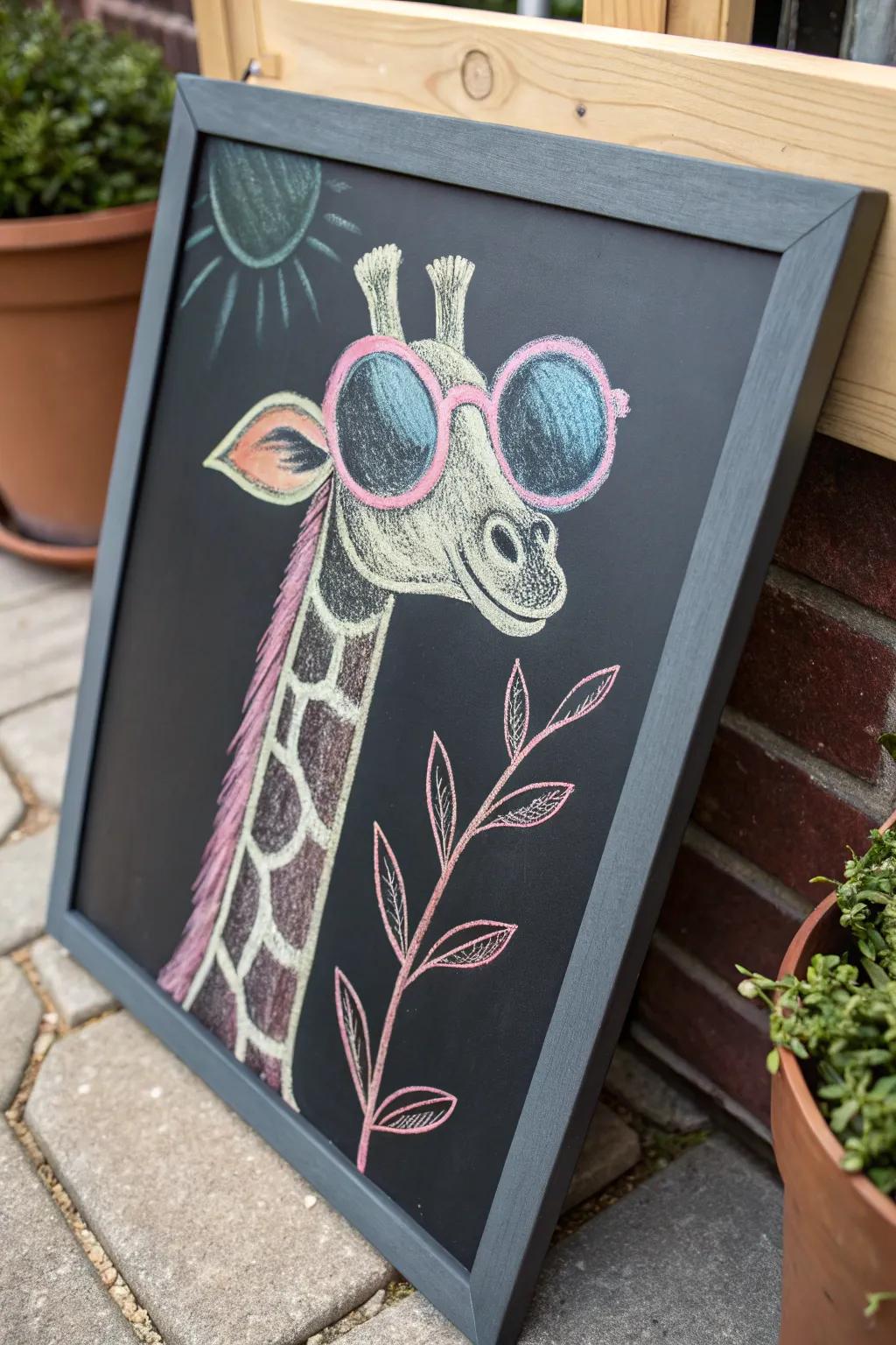 Elevate your space with quirky chalk art: Meet our charming giraffe with a boho twist!