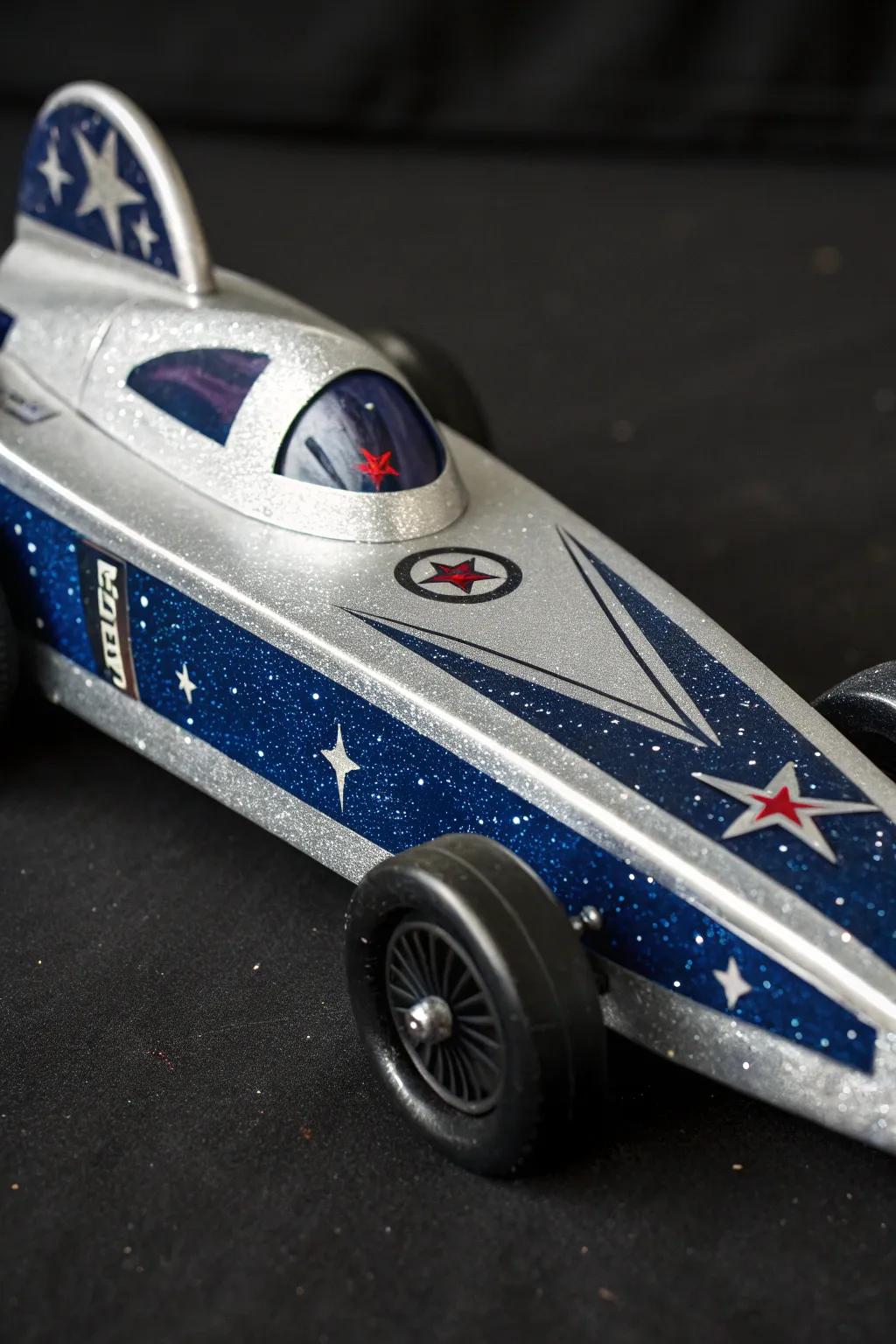 Race into the future with this galactic starship pinewood derby car, where craftsmanship meets cosmos.