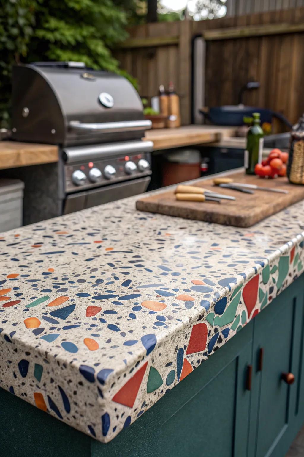 Elevate your BBQ space with the timeless charm and bold colors of terrazzo countertops.