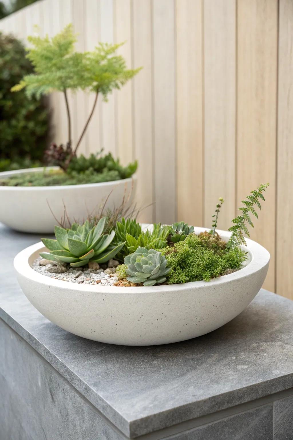 Embrace modern minimalism with a sleek bird bath planter, where simplicity meets natural elegance.