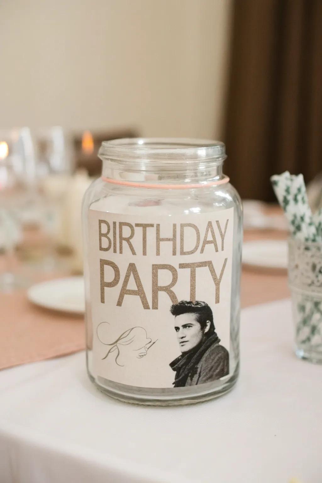 Add a touch of star power to your birthday bash with this chic Celebrity Lookalike tip jar!