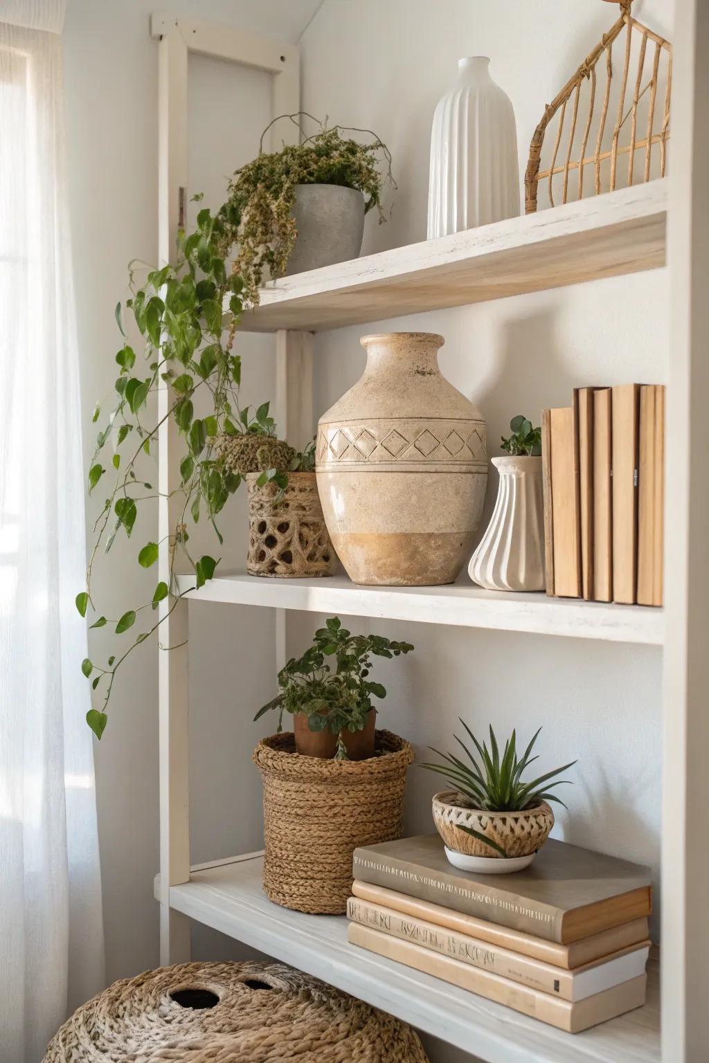 Elevate your bookshelf with a harmonious mix of scales for a stunning minimalist look.
