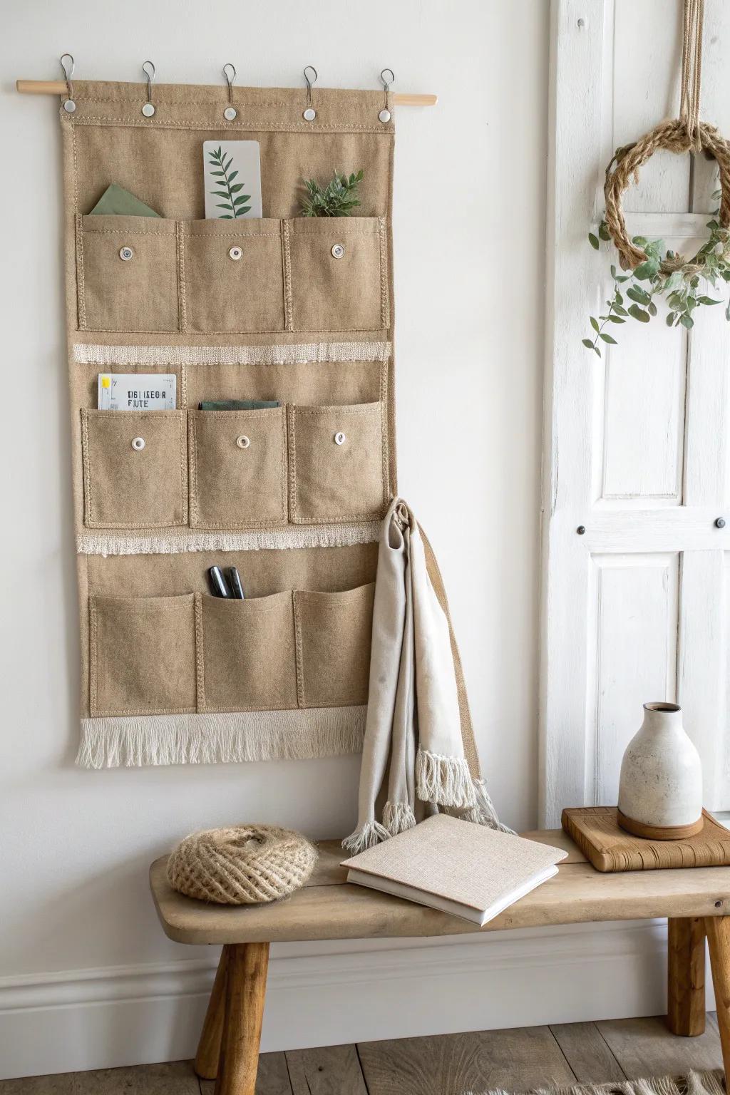 Organize your entryway with rustic charm and minimalist elegance with this burlap wall organizer.