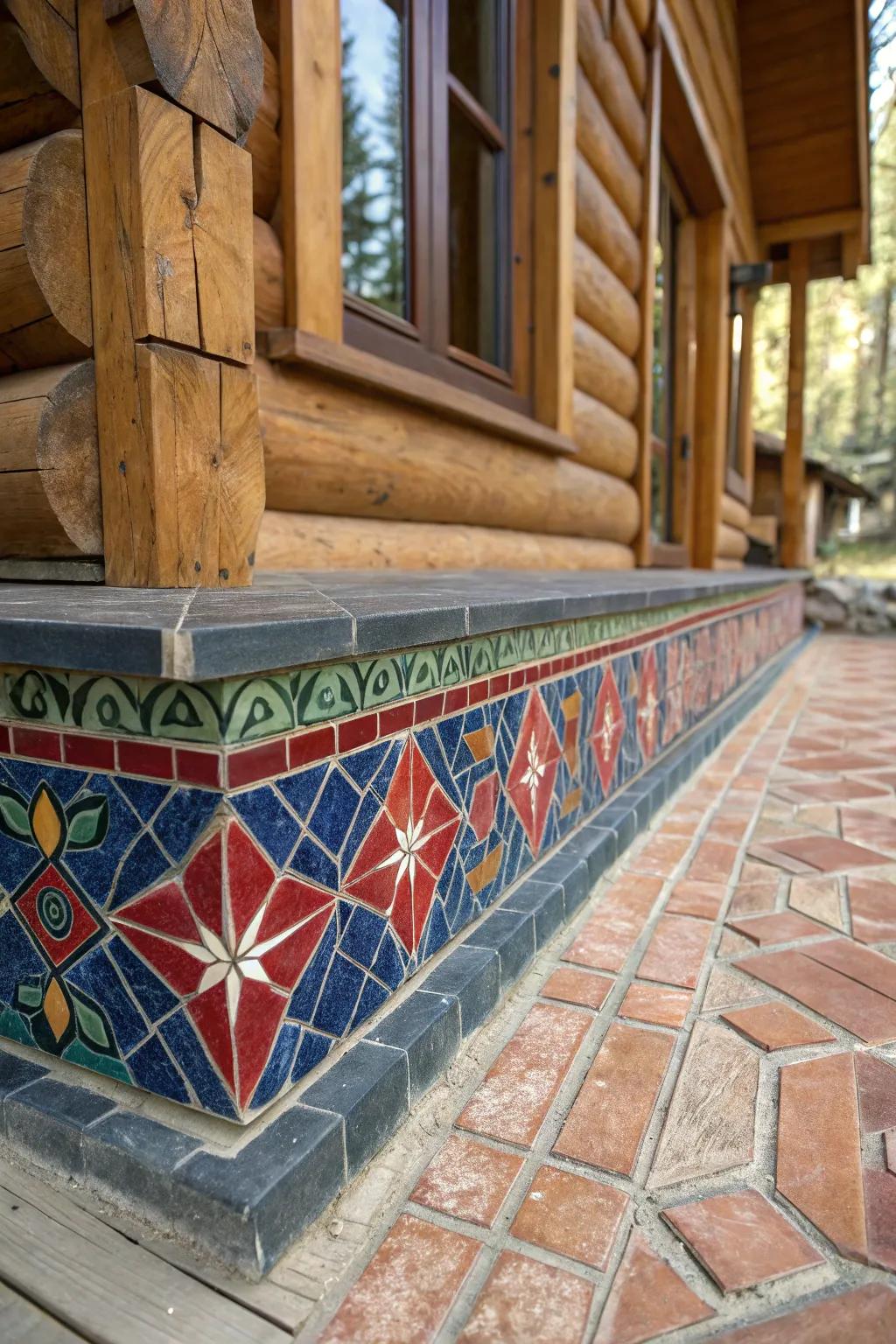Elevate your cabin's style with artisanal tile skirting, where craftsmanship meets vibrant artistry.