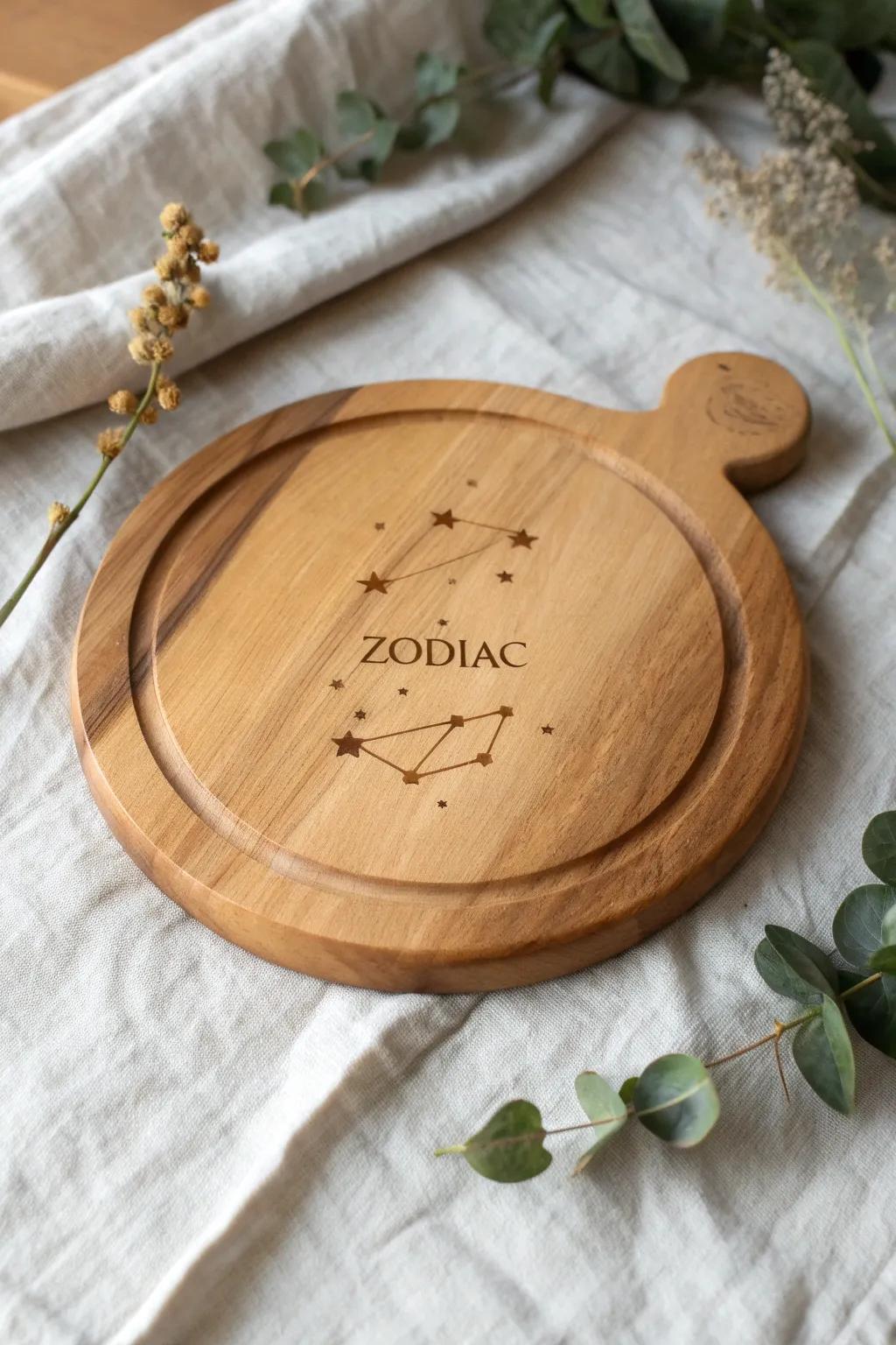 Discover the beauty of the stars with personalized zodiac engravings on your charcuterie board. A touch of the cosmos for your next gathering.