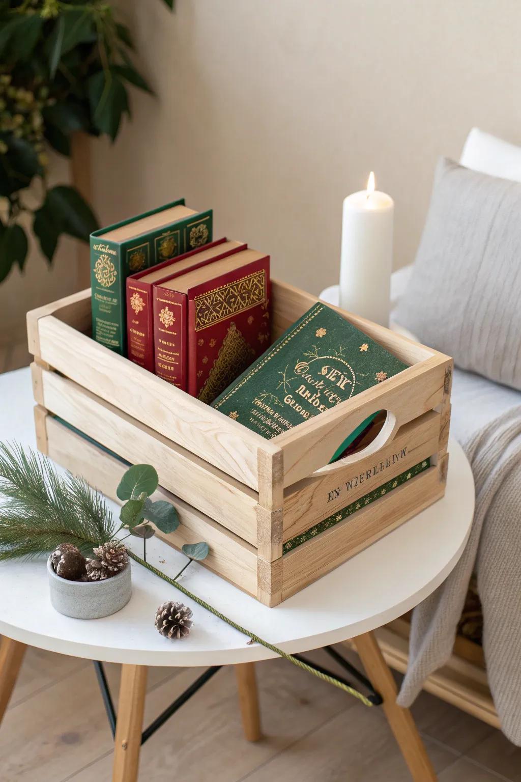 Embrace the festive spirit with a charming book crate, perfect for cozy winter evenings.