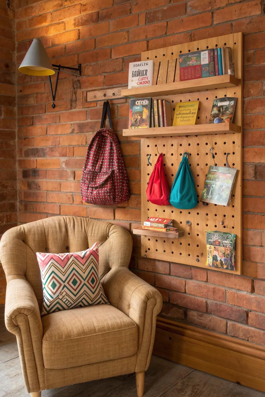 Transform your reading nook into a sanctuary of style and organization with this handcrafted pegboard setup.