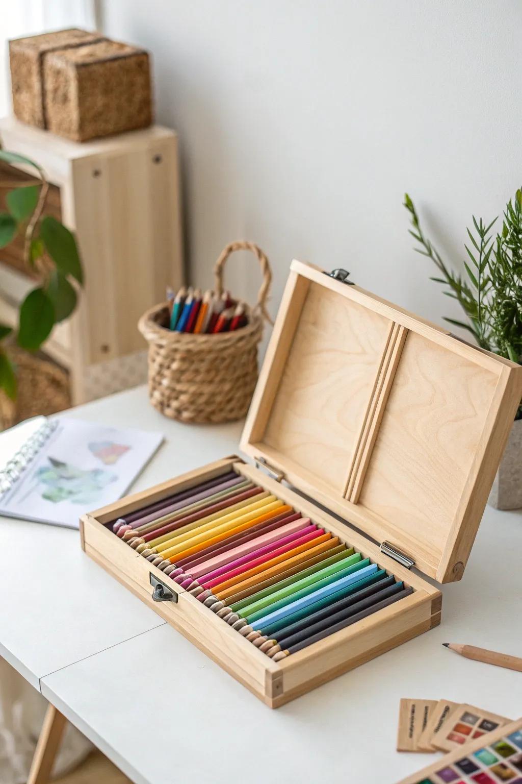 Travel-ready creativity: Store your colored pencils in style with a minimalist wooden toolbox. Perfect for the artist on the go!