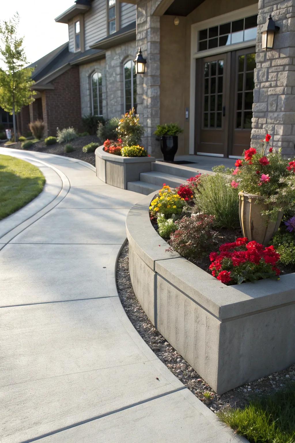 Elevate your entrance with masterfully crafted built-in planters that line your concrete walkway, merging nature with architecture in a bold display of color and design.