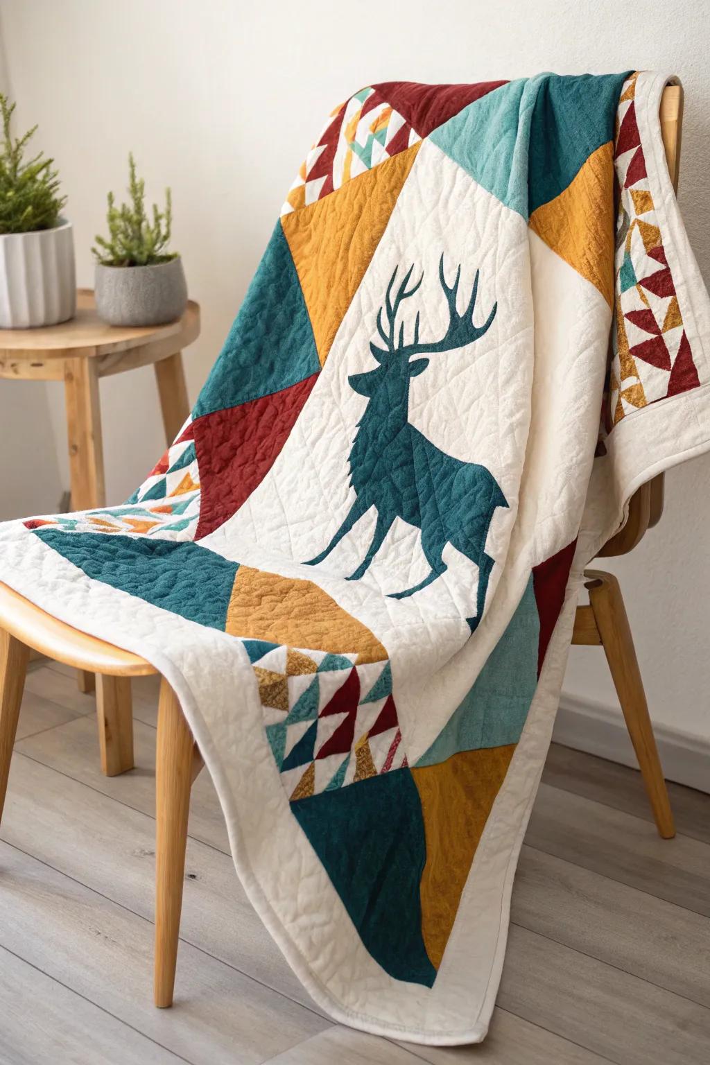 Elevate your space with this bold and artistic deer quilt, a perfect fusion of Scandinavian minimalism and Boho charm.
