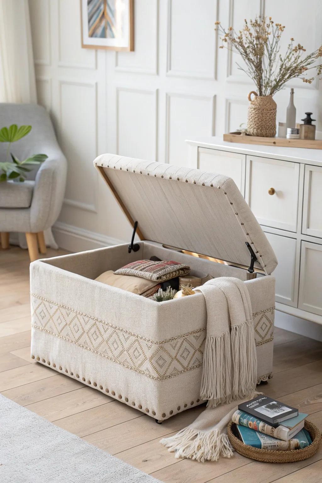 Transform your space with a chic storage ottoman that elegantly conceals clutter while adding a touch of minimalist charm.