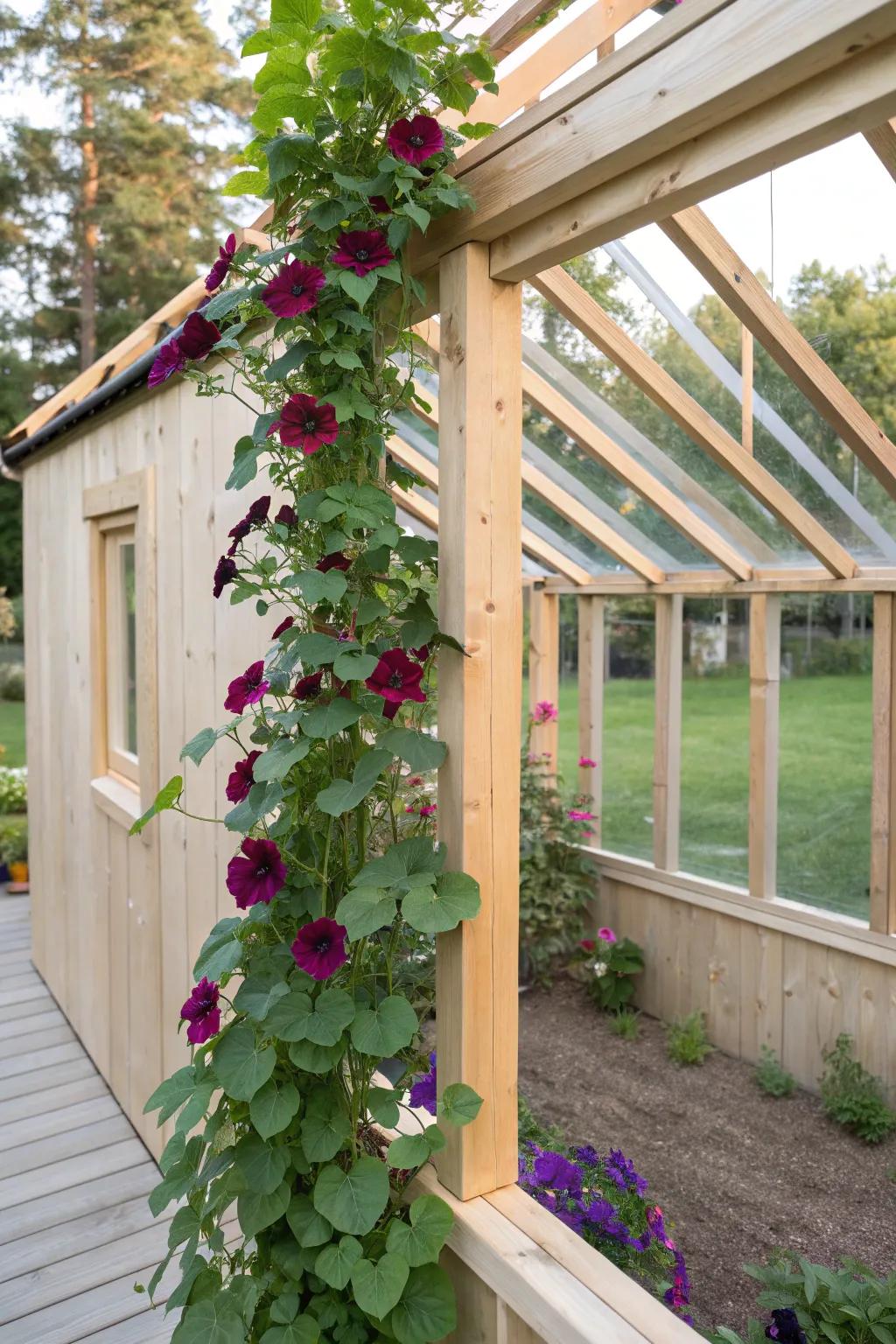 Embrace nature with a touch of color: a minimalist greenhouse adorned with vibrant climbing vines.