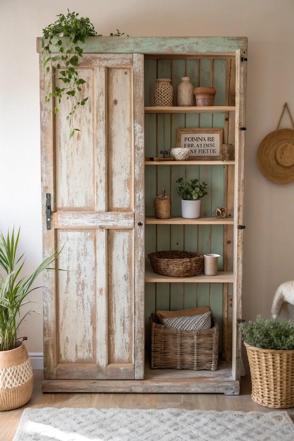 Breathe new life into old treasures with this charming repurposed door shelf, where history meets home elegance.