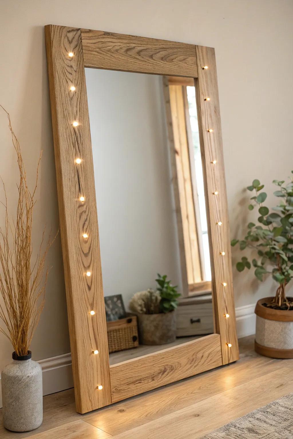 Illuminate your space with a touch of elegance: DIY wood mirror frame with LED backlighting for a cozy, layered look.