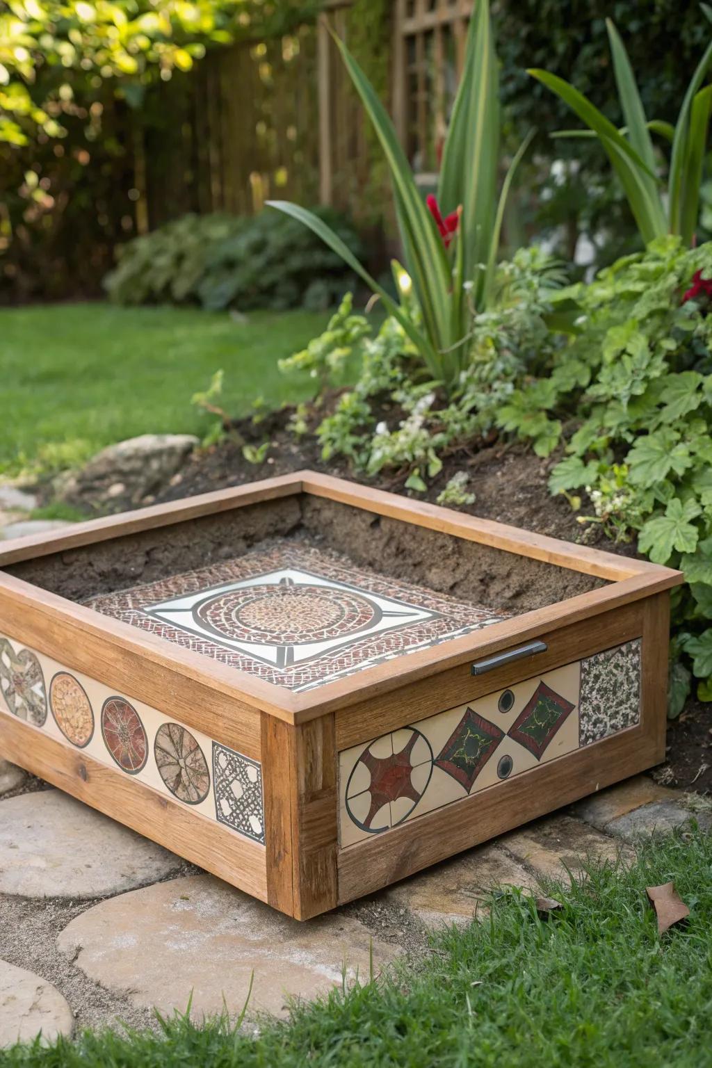 Transform your garden with a stunning mosaic dog dig box, where art meets play!