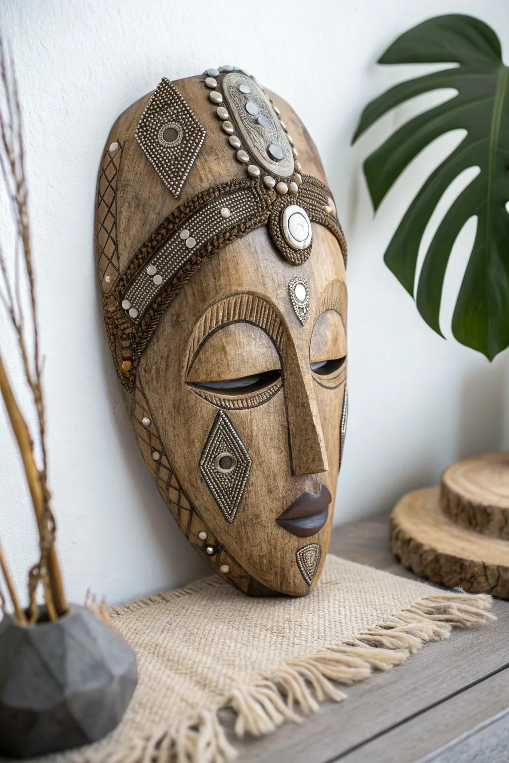 Transforming the old into new beauty: Discover the art of upcycled embellishments with this stunning African mask design.