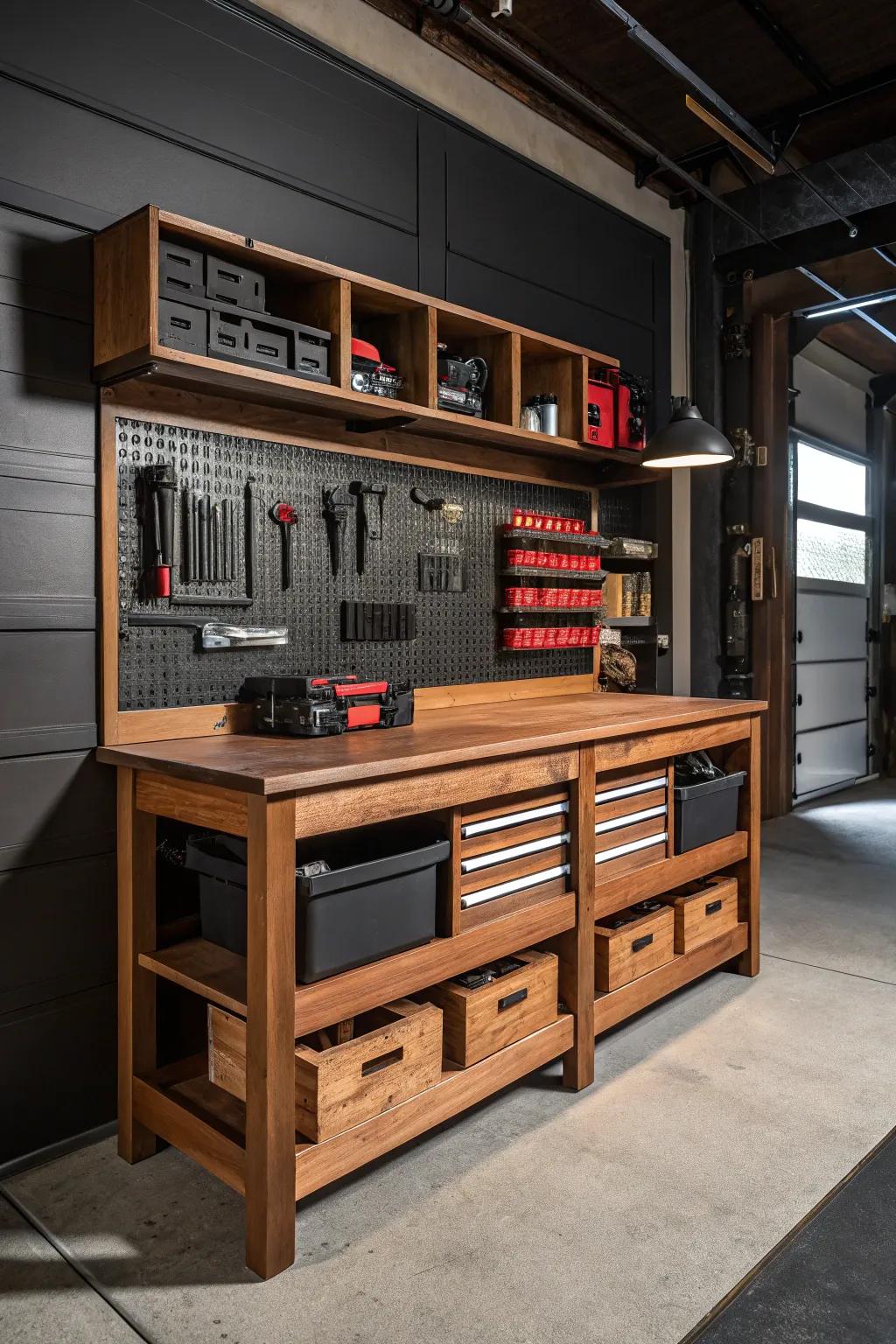 Transform your garage into a masterpiece of organization with floor-to-ceiling shelving that combines functionality with striking craftsmanship.