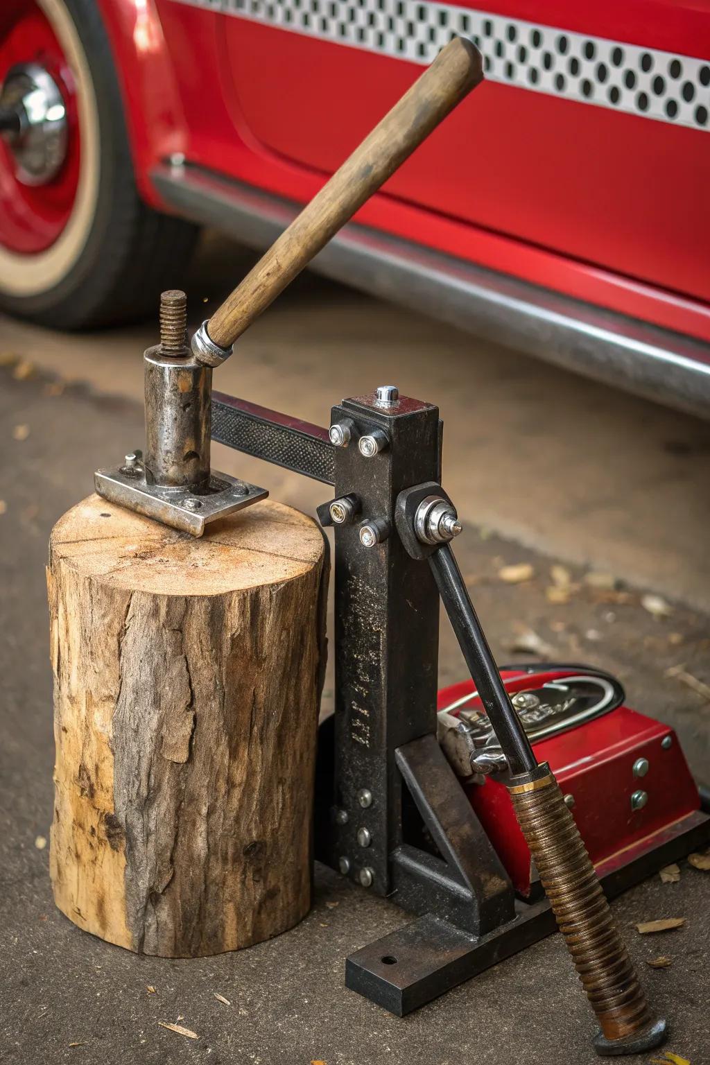 Innovative Craftsmanship: Transforming a Car Jack into a Powerful Wood Splitter.