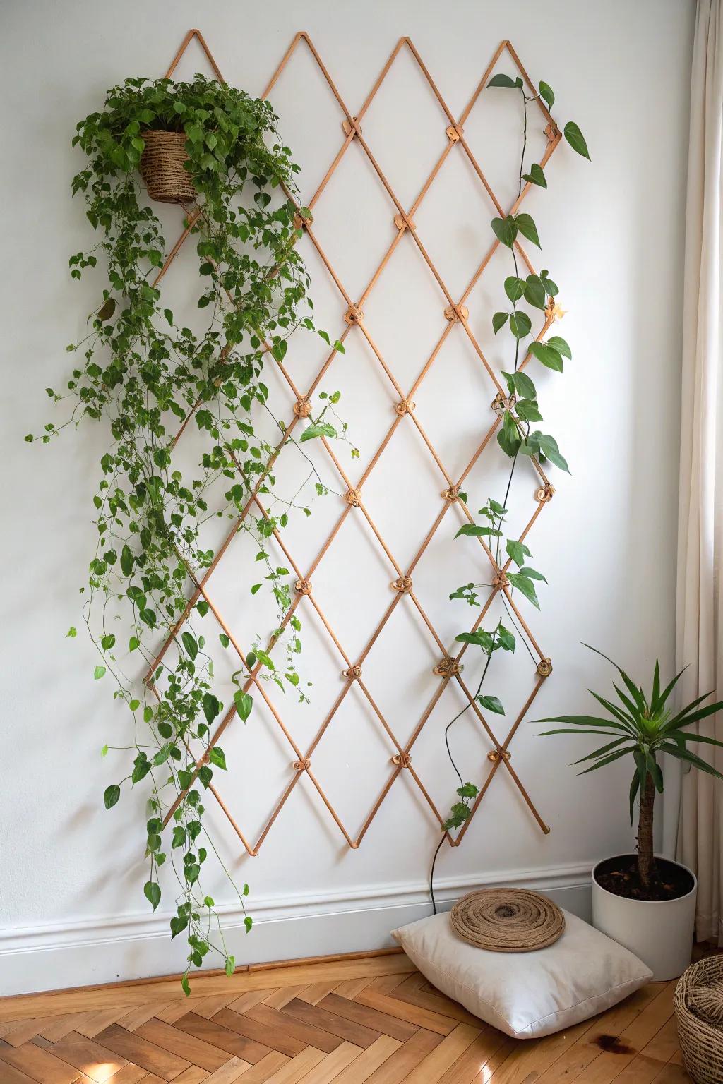 Elevate your indoor greenery with a chic copper pipe trellis—where industrial meets natural elegance.
