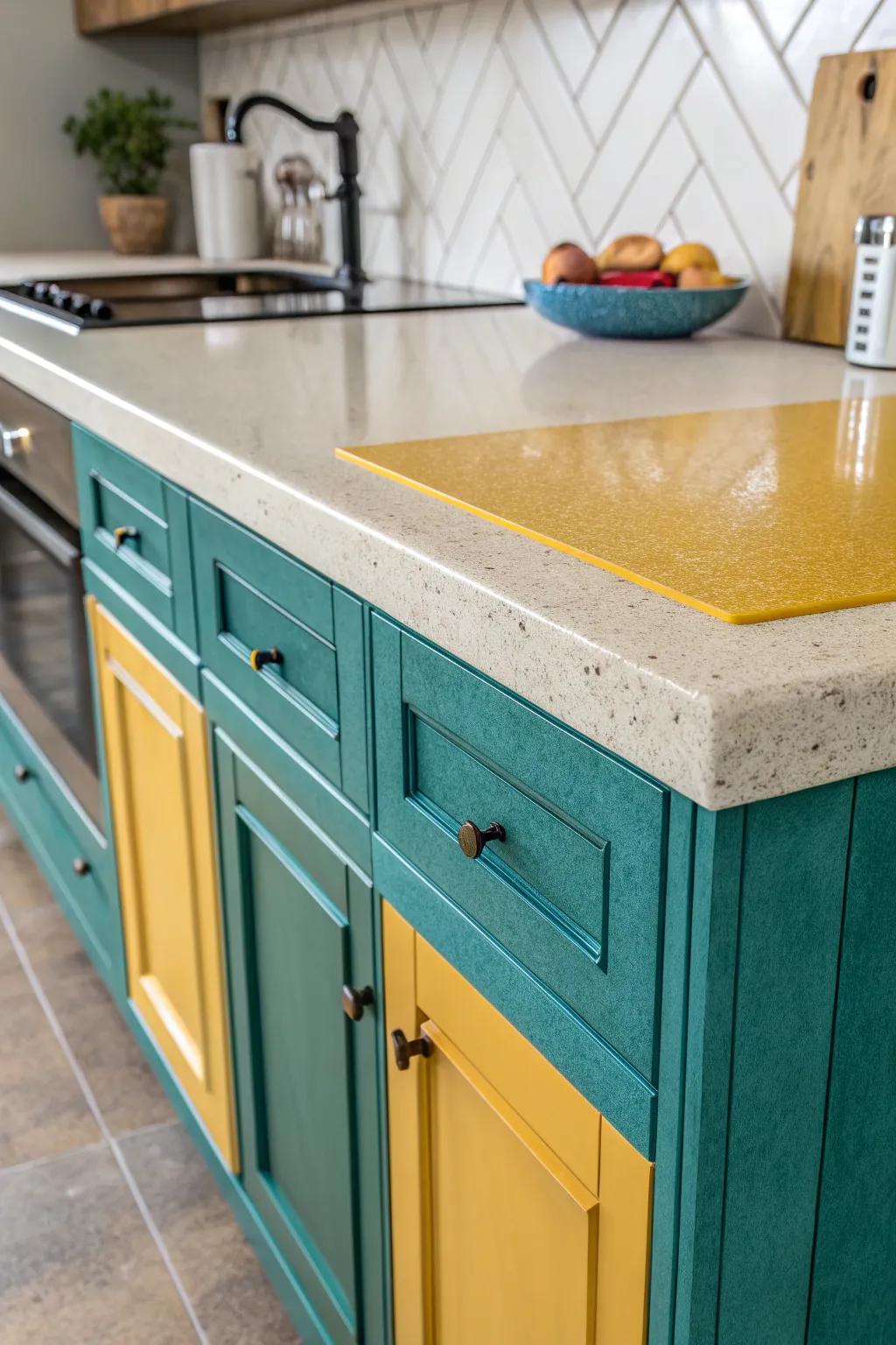 Transform your kitchen with bold and artistic color blocking—teal and mustard never looked so good!