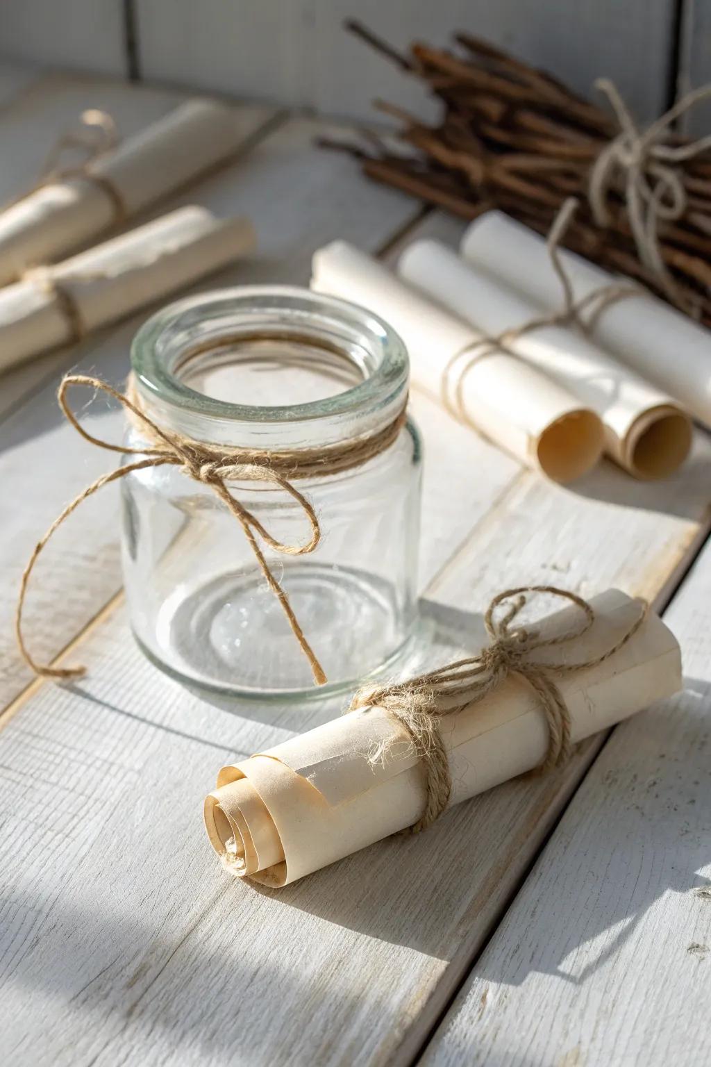 Discover the secret treasures within: a prayer jar adorned with hidden message scrolls.