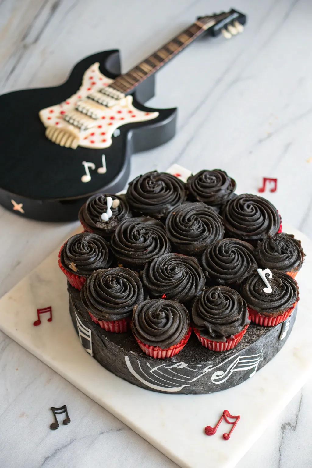 Rock your celebrations with this edgy pull apart cupcake cake, a perfect blend of music and minimalist elegance.