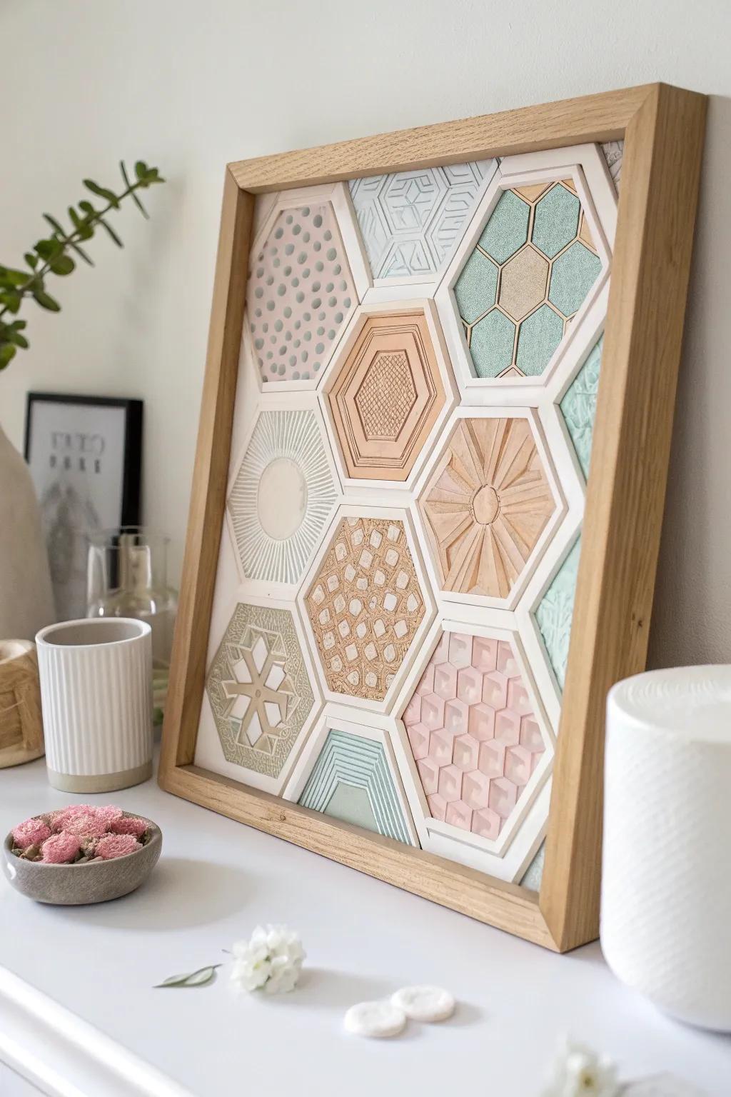 Embrace modern minimalism with a touch of boho charm in your decor through geometric shadow box art.