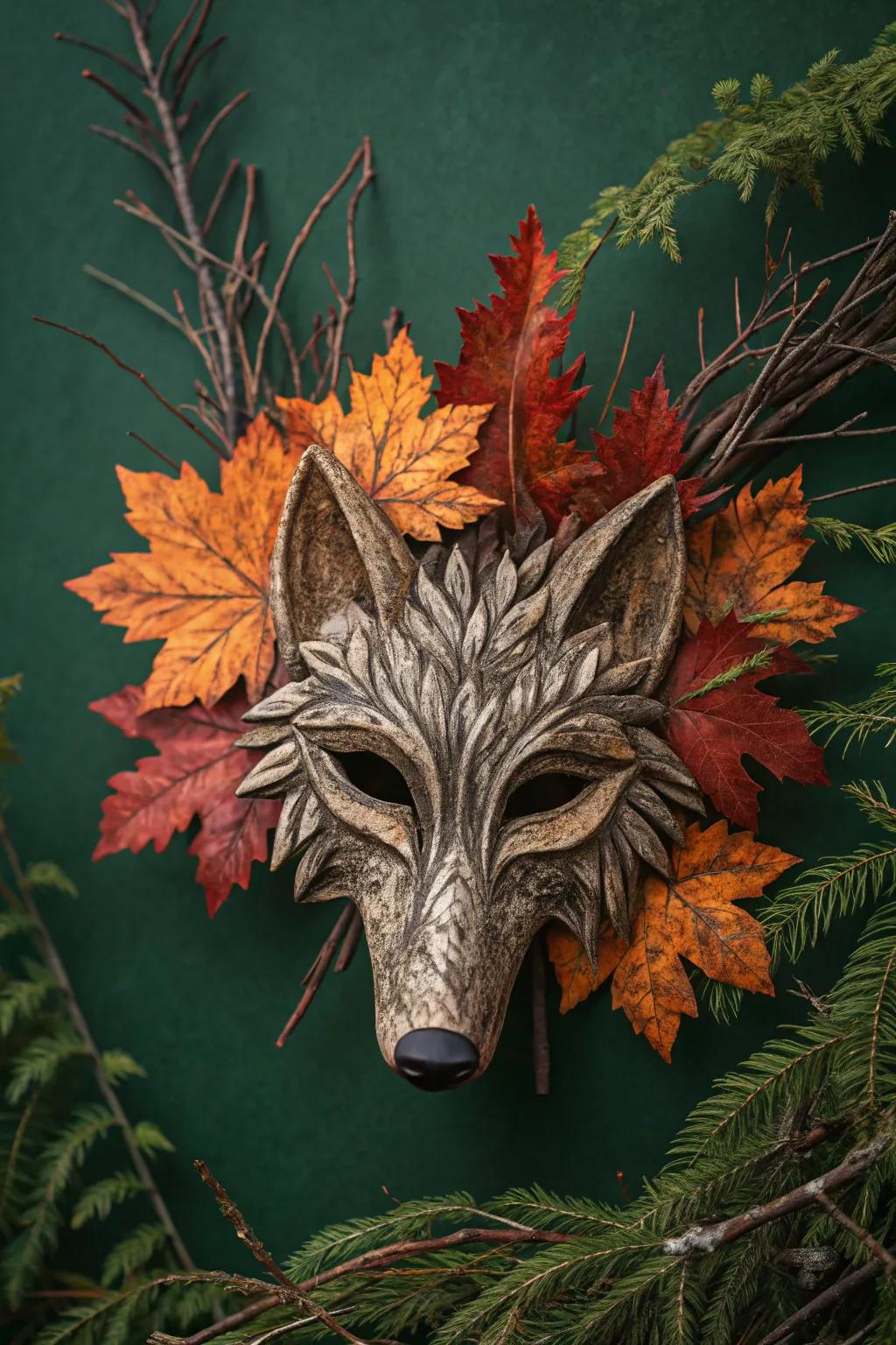 Embrace the wild with a wolf mask crafted from nature's bounty.