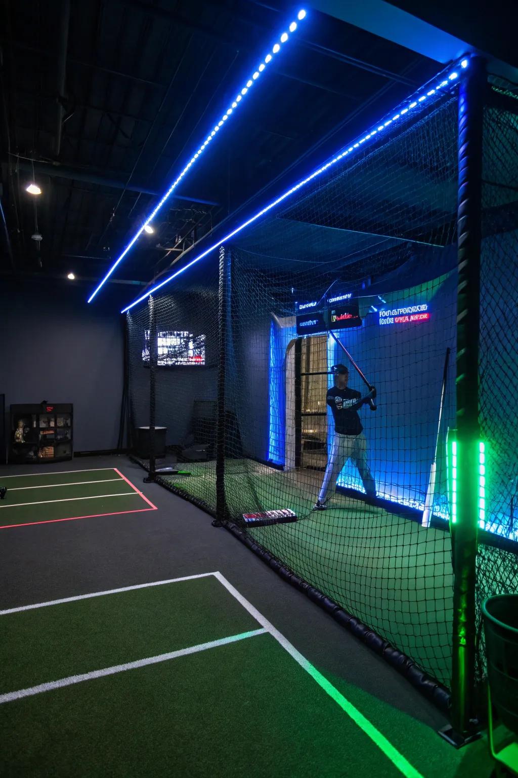 Elevate your practice with dynamic lighting effects that transform your basement batting cage into a big-league experience.
