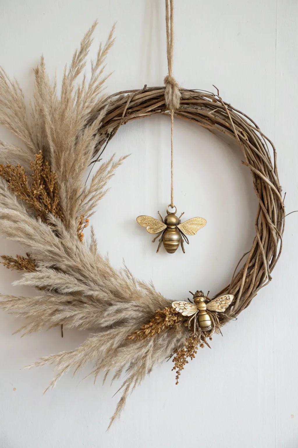 Illuminate your space with a modern twist: metallic bees add a touch of glam to this minimalist wreath.